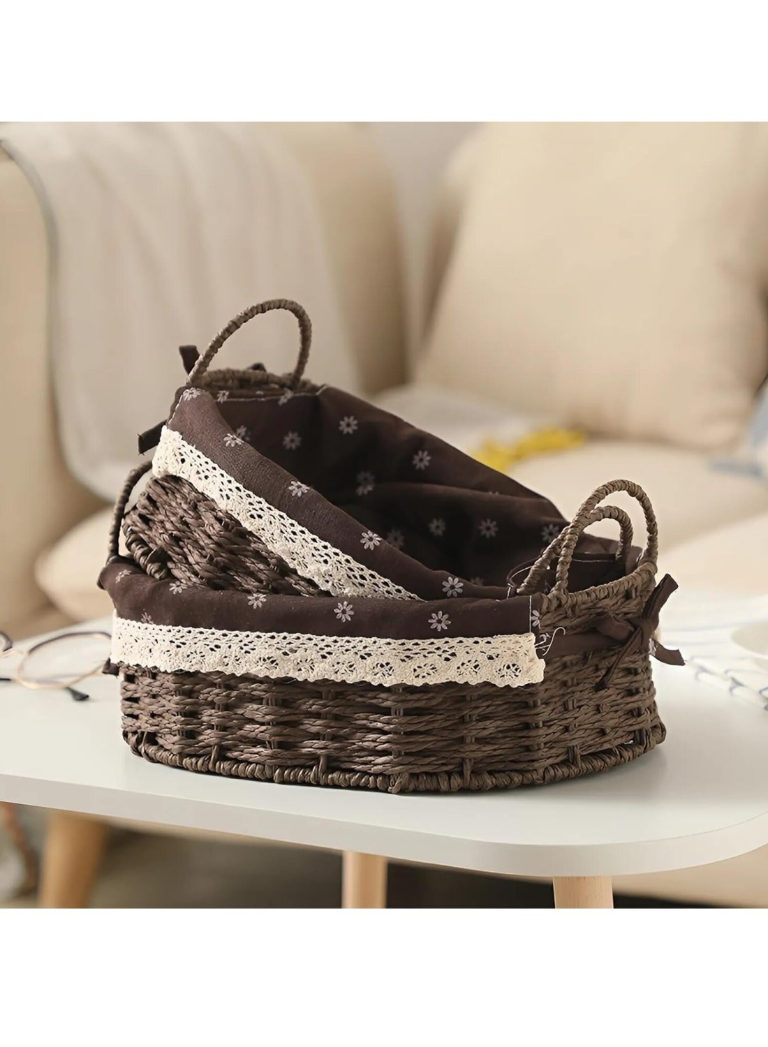 Set of 2 Eco-Friendly Oval Handwoven Storage Baskets with Handles, Durable Woven Bins with Sturdy Frame and Removable Liners for Home Organization in Living Room, Bedroom, Bathroom and Nursery-Brown