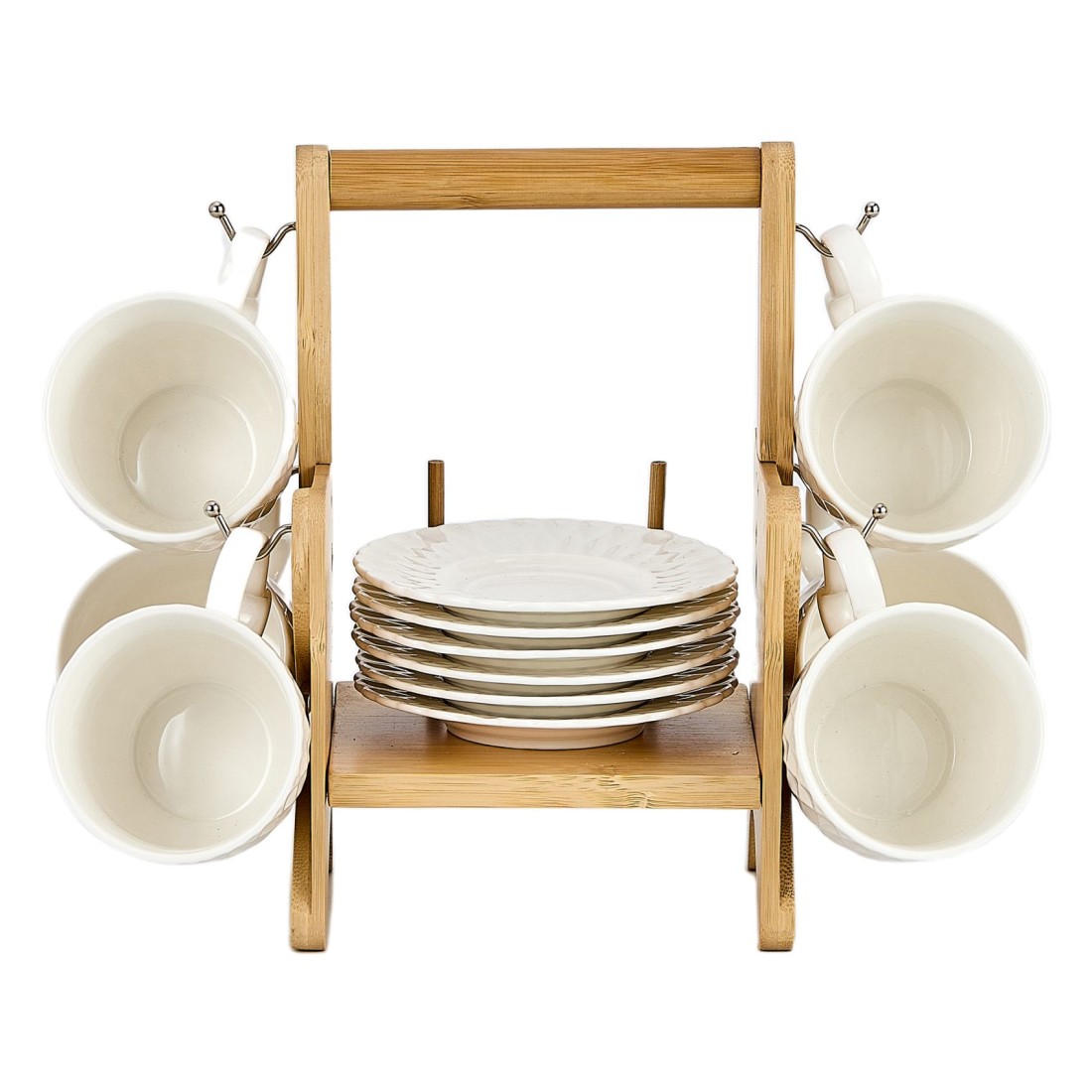 Shallow S&amp;A Coffee Cup and Saucer Set with Bamboo Stand 90ml 12 PCS