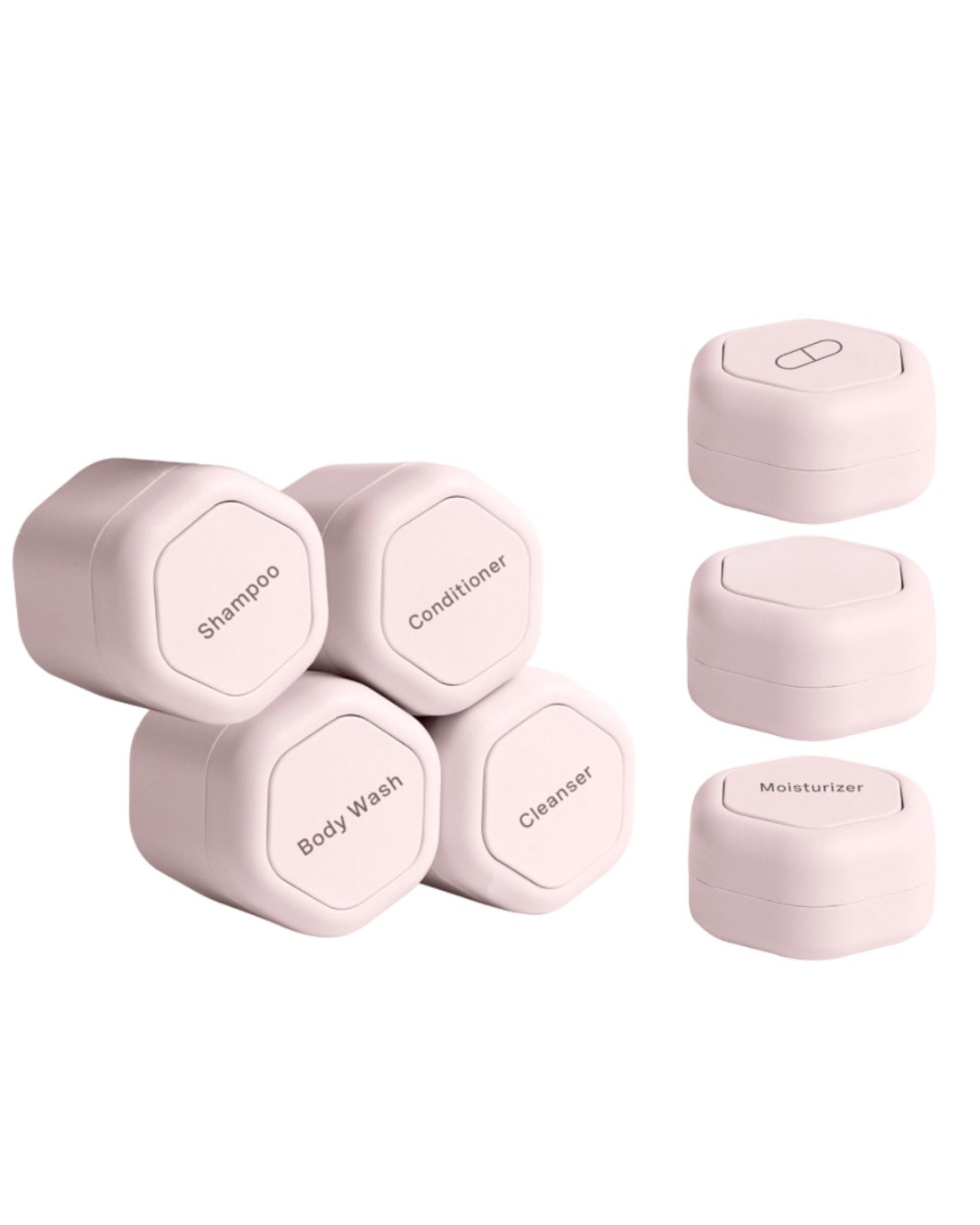 CadenceTravel Containers Daily Routine Capsule Set Magnetic Travel Capsules For Shampoo Conditioner Body Wash Pills and More 4 Flex Mediums 132oz 3 Flex Smalls 056oz Petal
