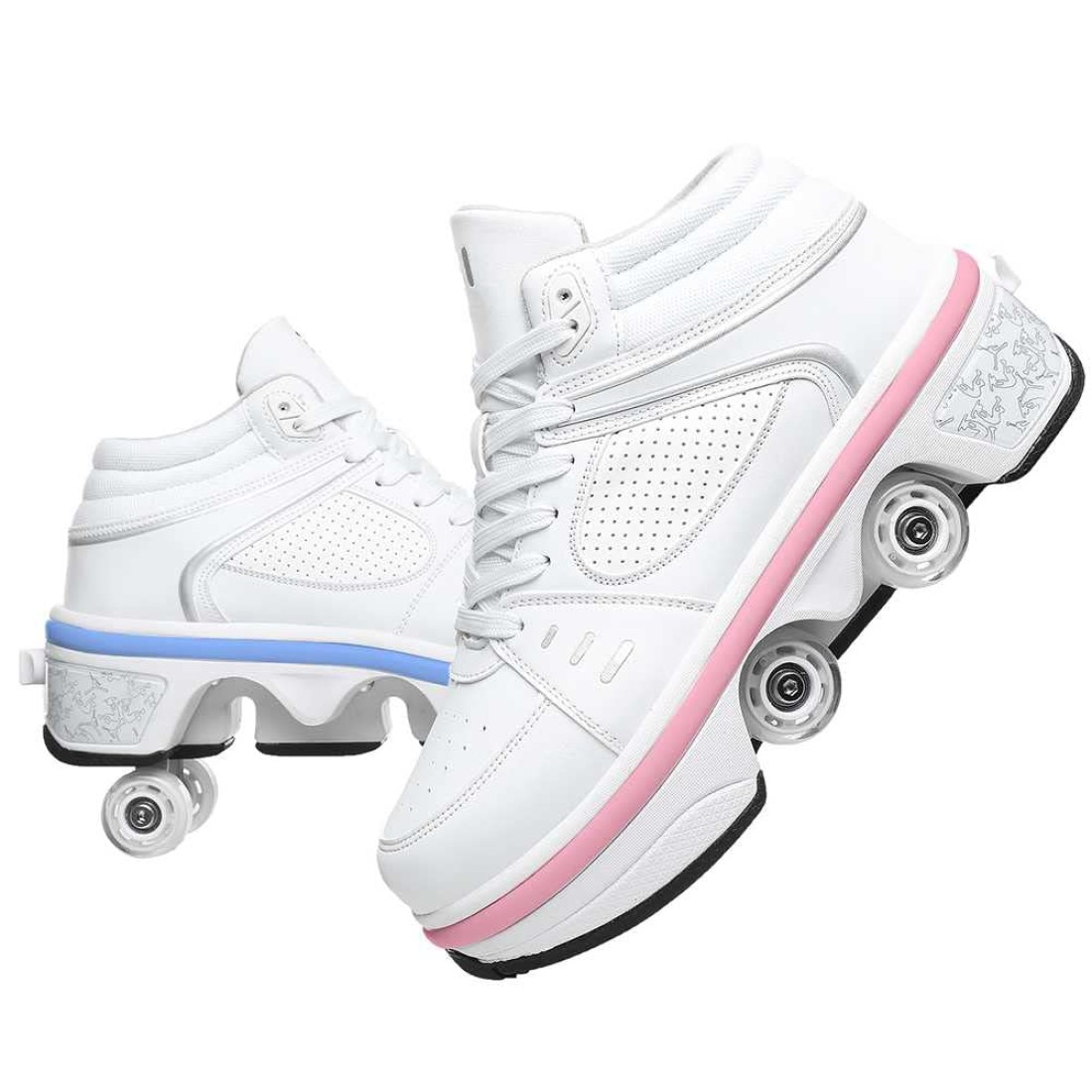Roller Skates for Women Men Outdoor2 in1 Parkour Shoes with Wheels for GirlsBoysDouble Row Deform Kick Roller Shoes Retractable AdultsKidsQuad Roller SkatesSkating Shoes Recreation Sneakers