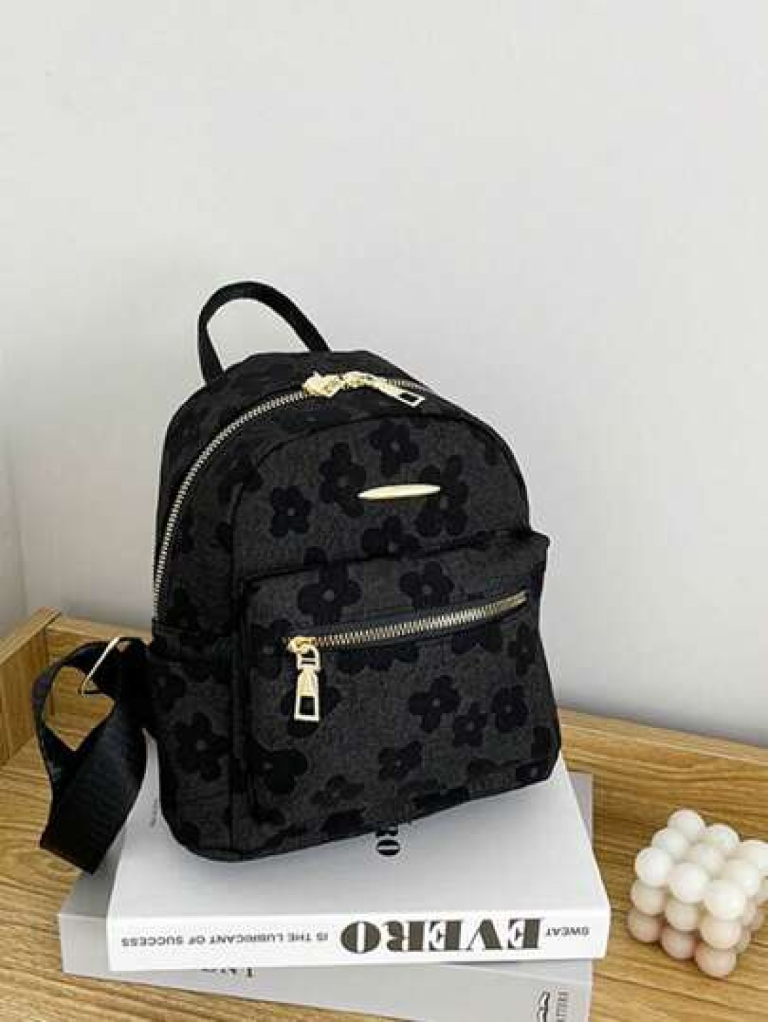 Fashionable Floral Print Black Backpack For Teens Double Zipper Design Suitable For Daily Use