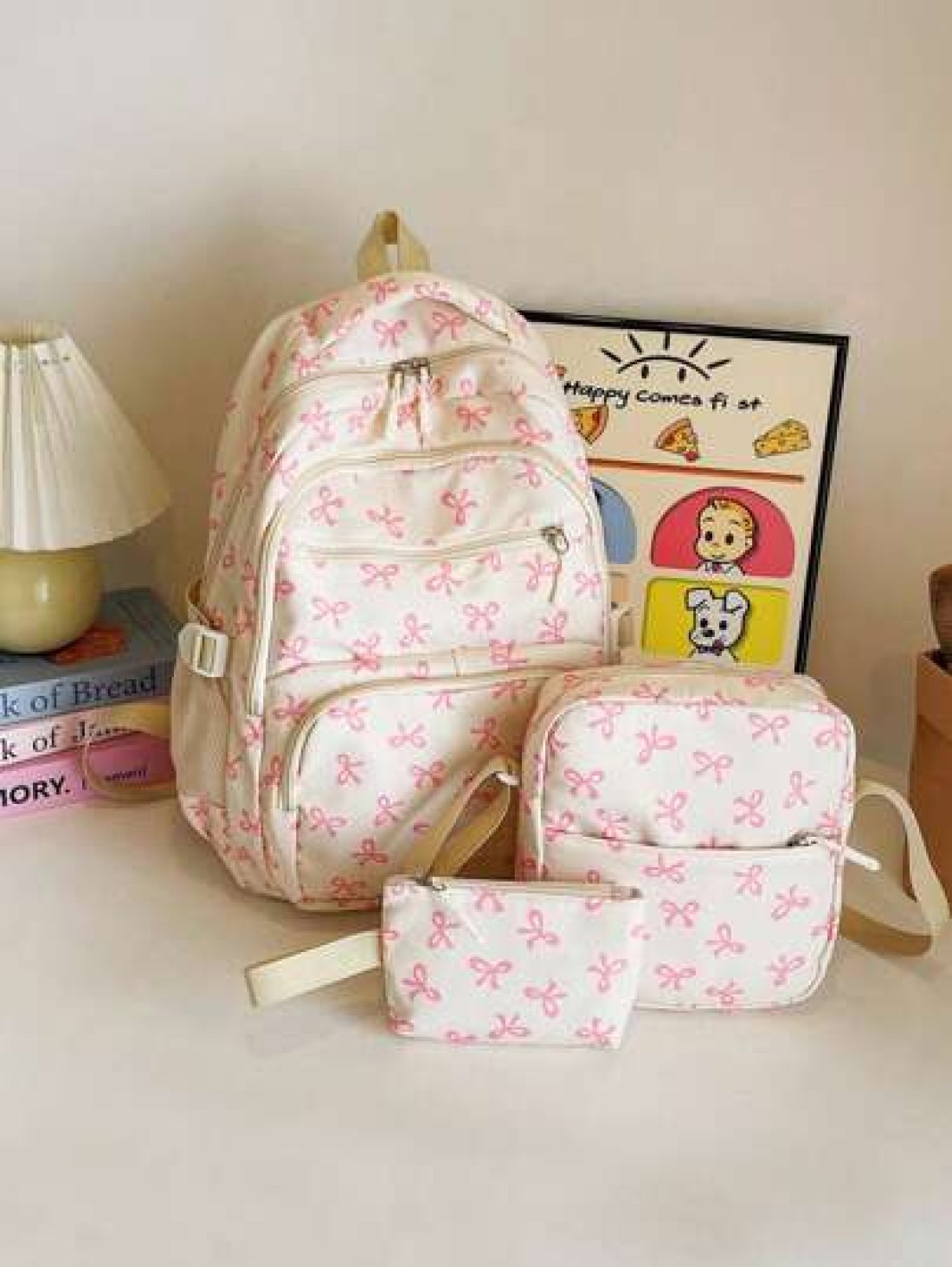 3pcs Nylon Bow Print Backpack Set Foldable Multi Pocket Large Capacity Water Resistant Zipper Backpack Suitable For High School College Students Ladies Daily Use Commuting Traveling Gifts For Valentin