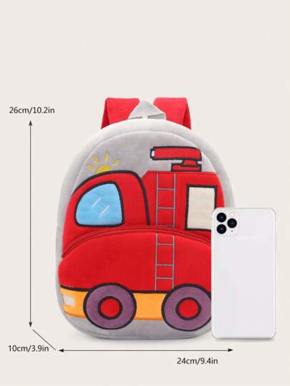 1pc Plush Cartoon Fire Truck Pattern Backpack Suitable For 2 4 Years Old Boys Girls Daily Use