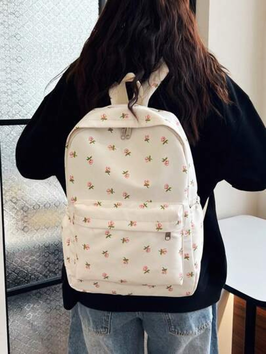 1pc White Nylon Floral Print Dual Zipper Large Capacity Fashionable Versatile Backpack Student Bag