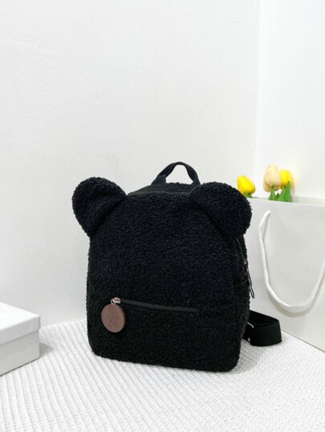 One Piece Boys And Girls Sherpa Bear Zipper Closure Cute Cartoon Backpack Suitable For Daily Use In Autumn And Winter