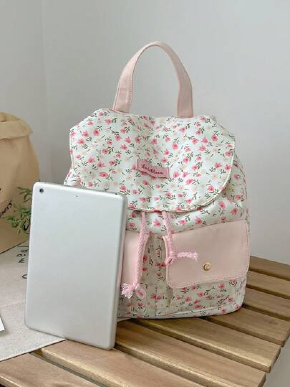 1pc Girl s Ditsy Floral Canvas Backpack Drawstring Closure Fresh Cute Casual Lightweight Bag With Large Capacity Suitable For Daily Use