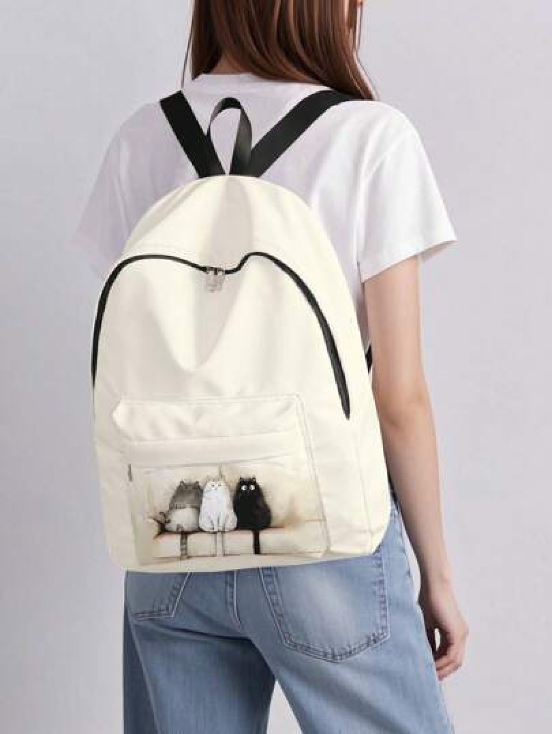 1pc Cute Cat Printed Pocket Backpack Zipper Closure Pocketed Casual Backpack Stylish For Boys And Girls Suitable For School And Outdoor Activities