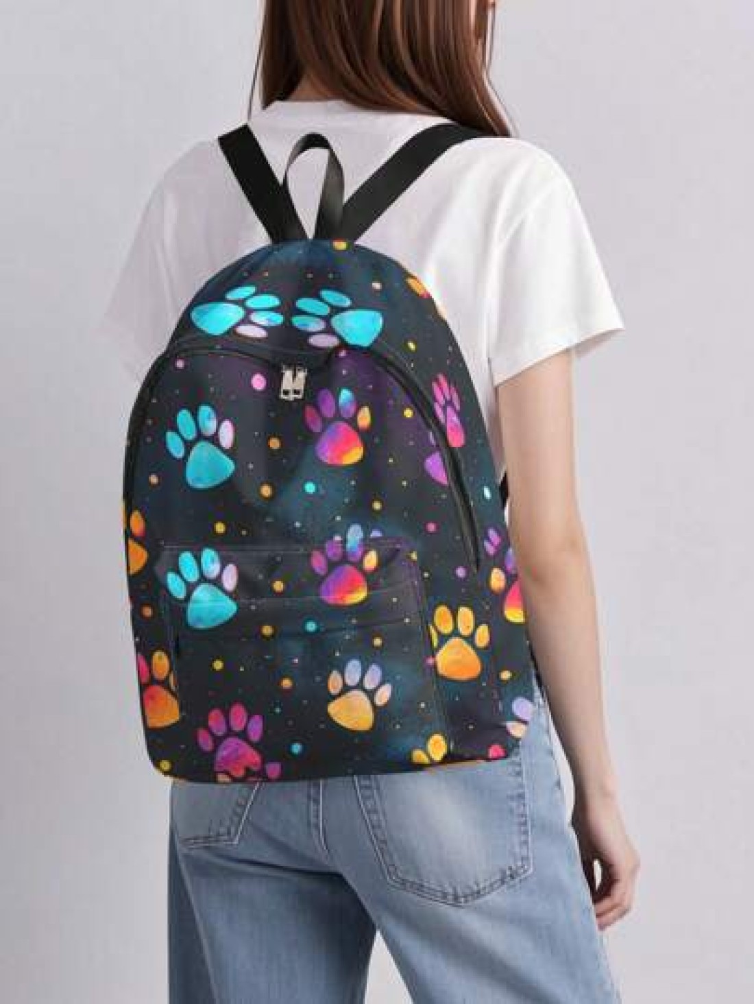 1pc Backpack With Colorful Paw Print Pattern Zipper Closure Pockets Backpack Suitable For Boys And Girls Daily Use For School And Outings