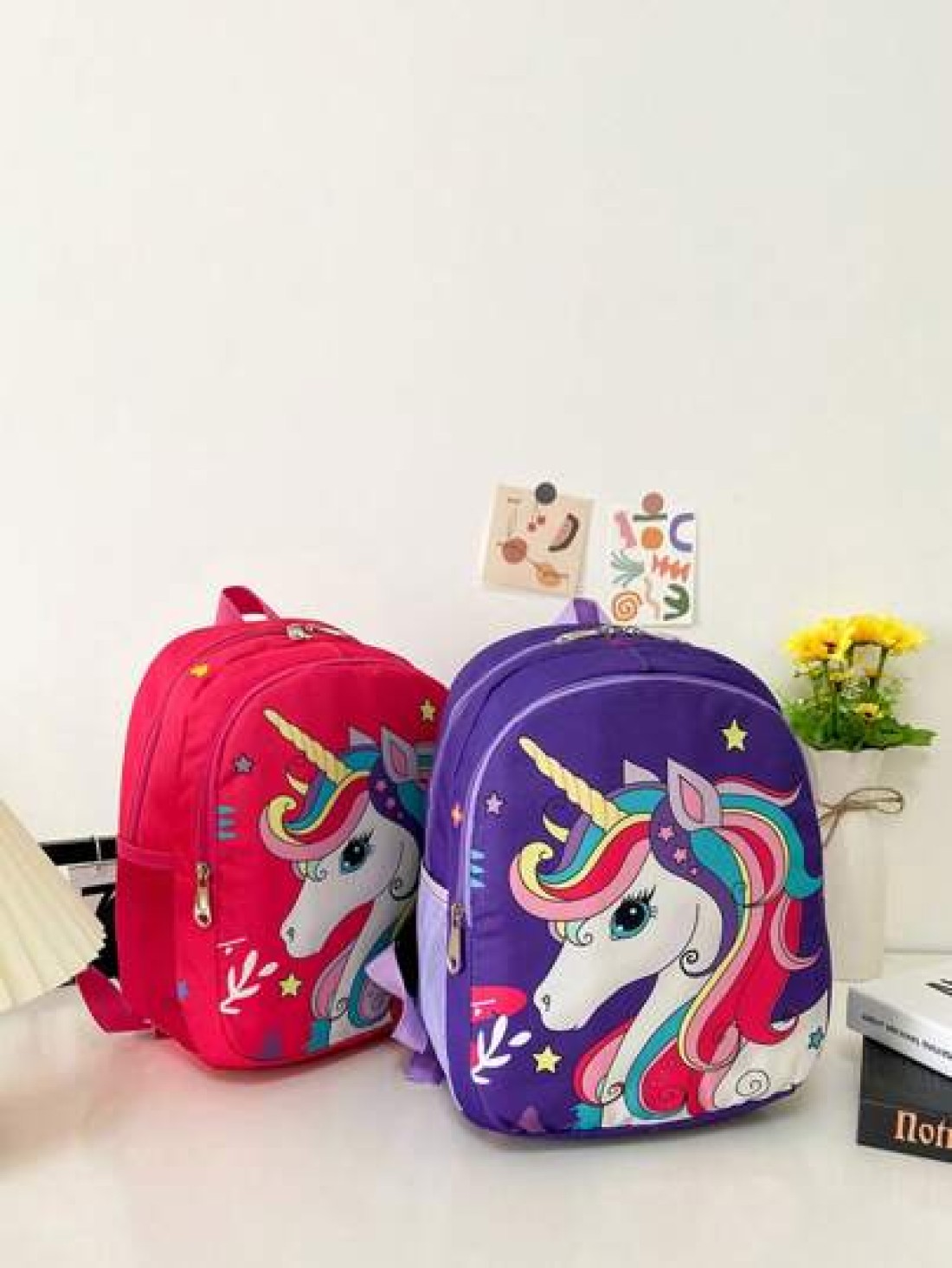 1pc Cute Backpack Nylon Cloth Double Zipper Closure Summer New Style Pink Rainbow Unicorn Schoolbag Fashionable Cartoon Backpack Comfortable Shoulder Strap Large Capacity Multifunctional Suitable For