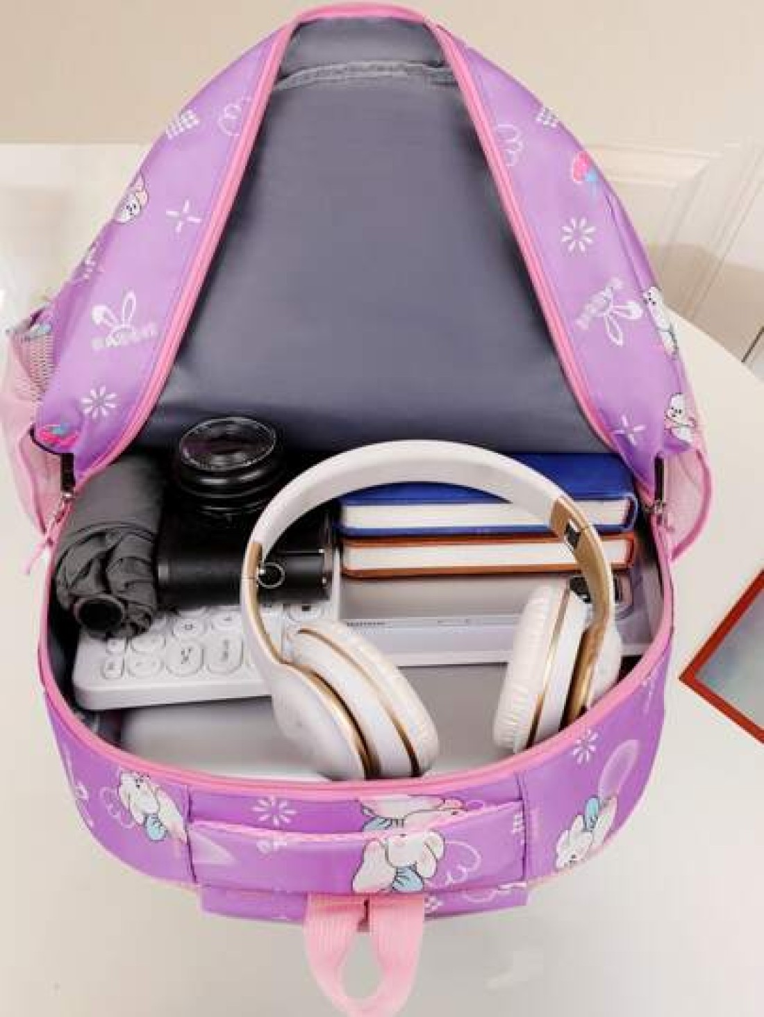 Girls Cute Double Shoulder Bags With Pen Pockets Featuring Rabbit Pattern Accents Commuting And Leisure Backpacks Available In Four Colors Black Blue Pink And Purple Adjustable Straps Large Capacity Z