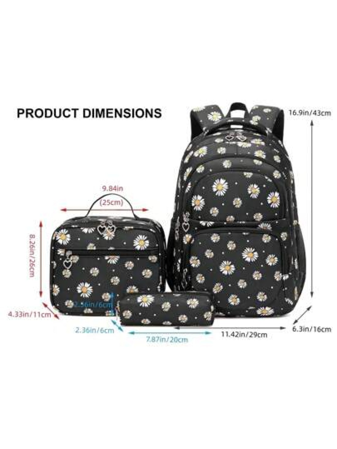 3pcs Girl Chrysanthemum Patterned Children Backpack Set School Bag Lunch Box Pencil Case