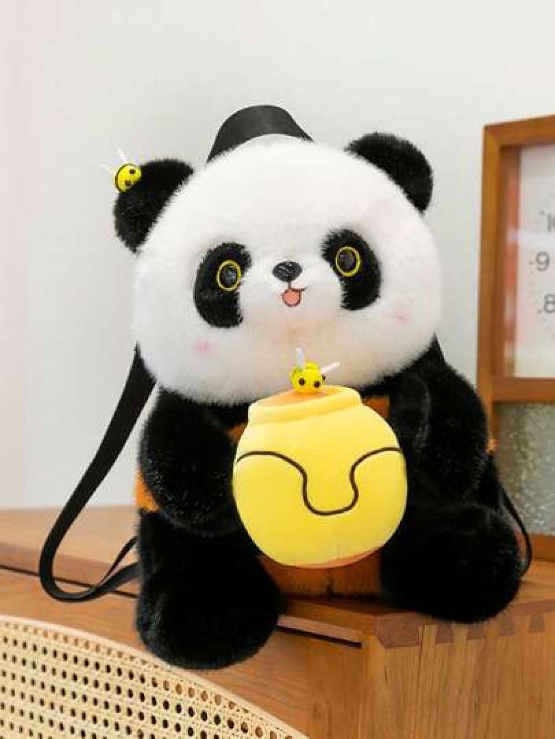 1 Pc New Cartoon Panda Hugging Honey Pattern Plush Material Backpack For Girls And Boys Adjustable Straps Zipper Closure Fashionable And Cute For Travel Shopping Outings And Gifts