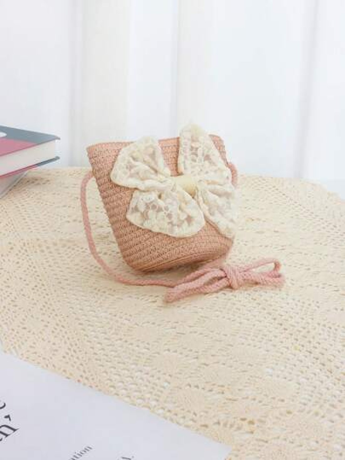 1pc Kids Cute Ribbon Bow Straw Crossbody Bag Princess Style Shoulder Bag Suitable For Daily Outings