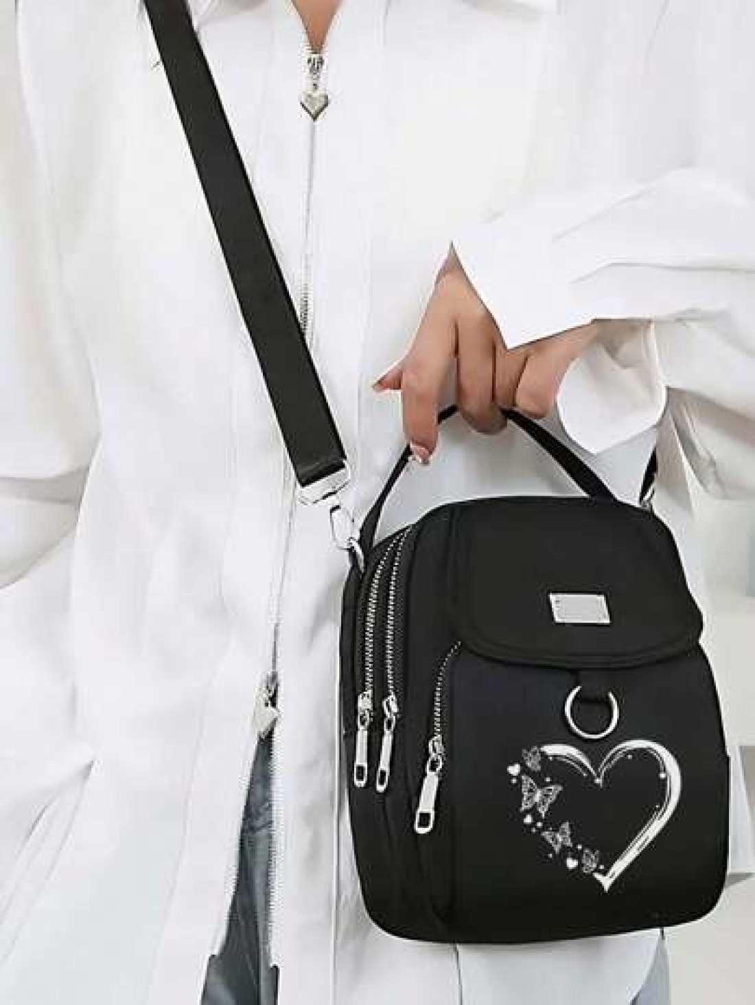 1pc Girl s Girl s Nylon Shoulder Bag With Heart And Butterfly Pattern Casual Mini Crossbody With Adjustable Strap Multi Layer External Headphone Hole Solid Color Secure Zip Closure Small Crossbody Bag