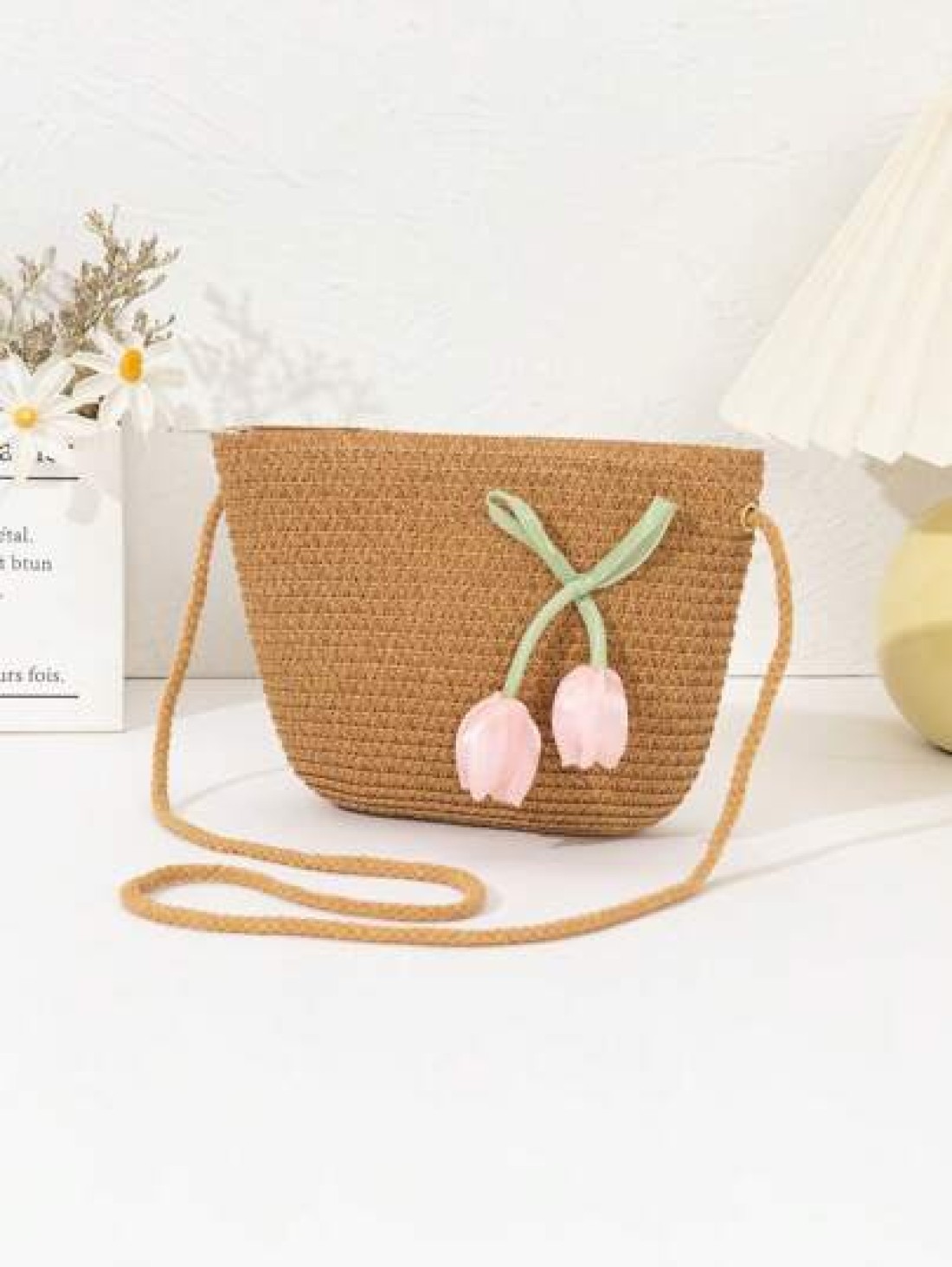 New Straw Bag For Girls Lightweight Fashionable Suitable For Beach Travel Shopping Decorated With Cute Pink Flowers Girl Crossbody Phone Bag