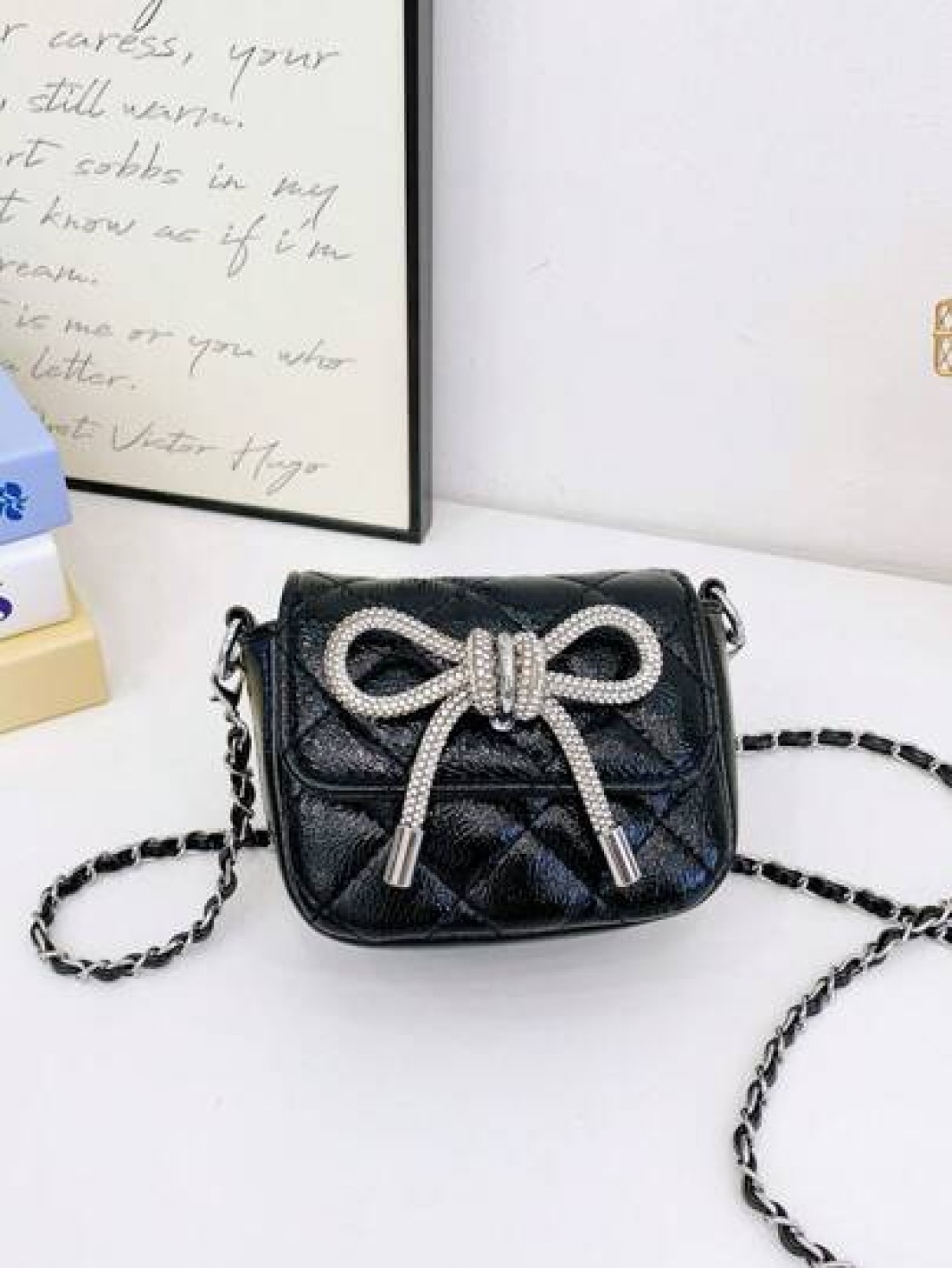 1pc Pu Magnetic Opening And Closing Fashion Sweet Bow Solid Color Diamond Grid Crossbody Mini Square Bag Korean French Exquisite Aesthetic Niche Design Chain Shoulder Crossbody Bag Versatile Casual Hi