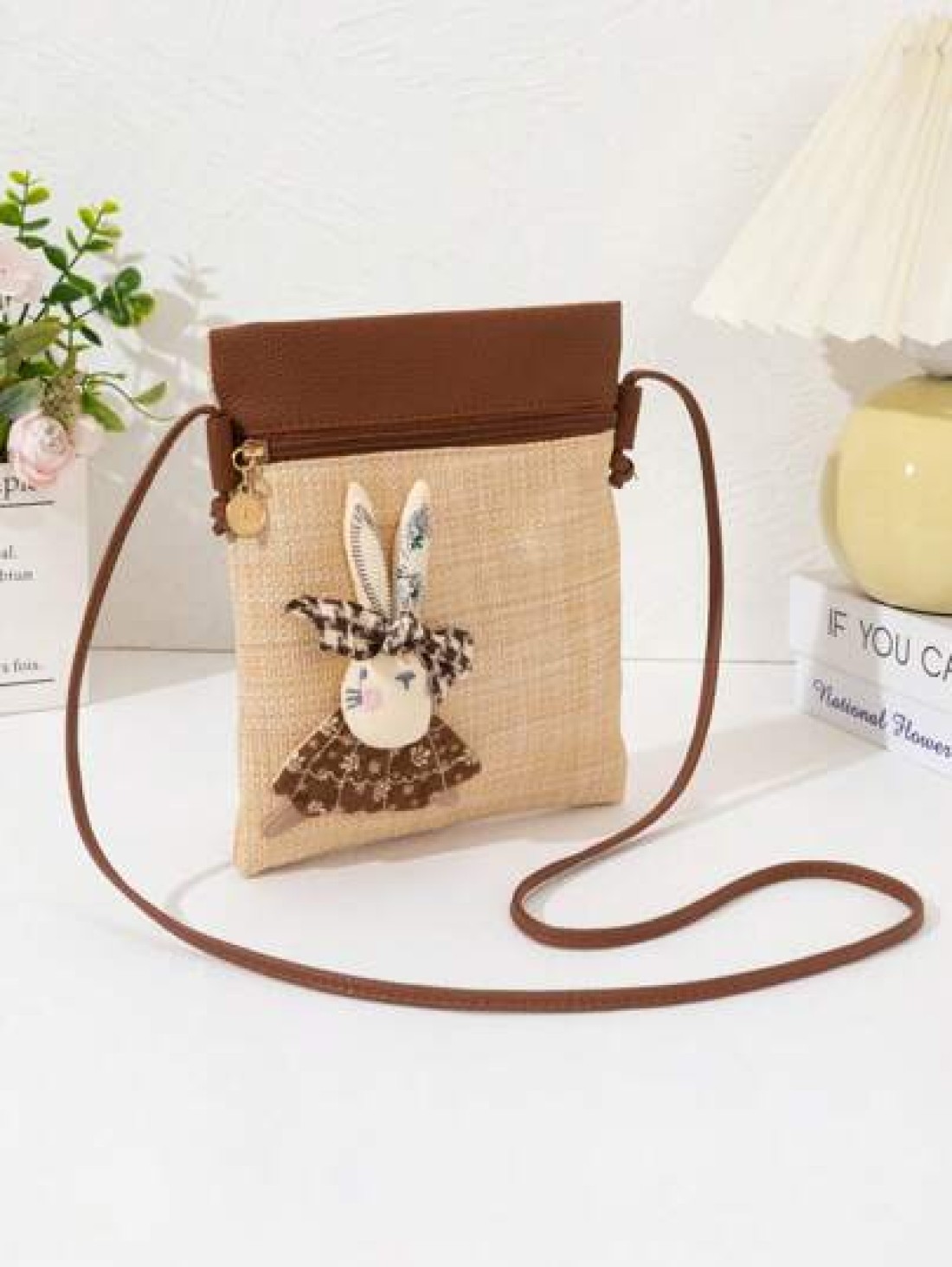 Girl New Straw Woven Bag With PU Strap Lightweight Fashion Adorned With Cute Rabbit Charm Suitable For Beach Travel Street Wear Crossbody Handbag