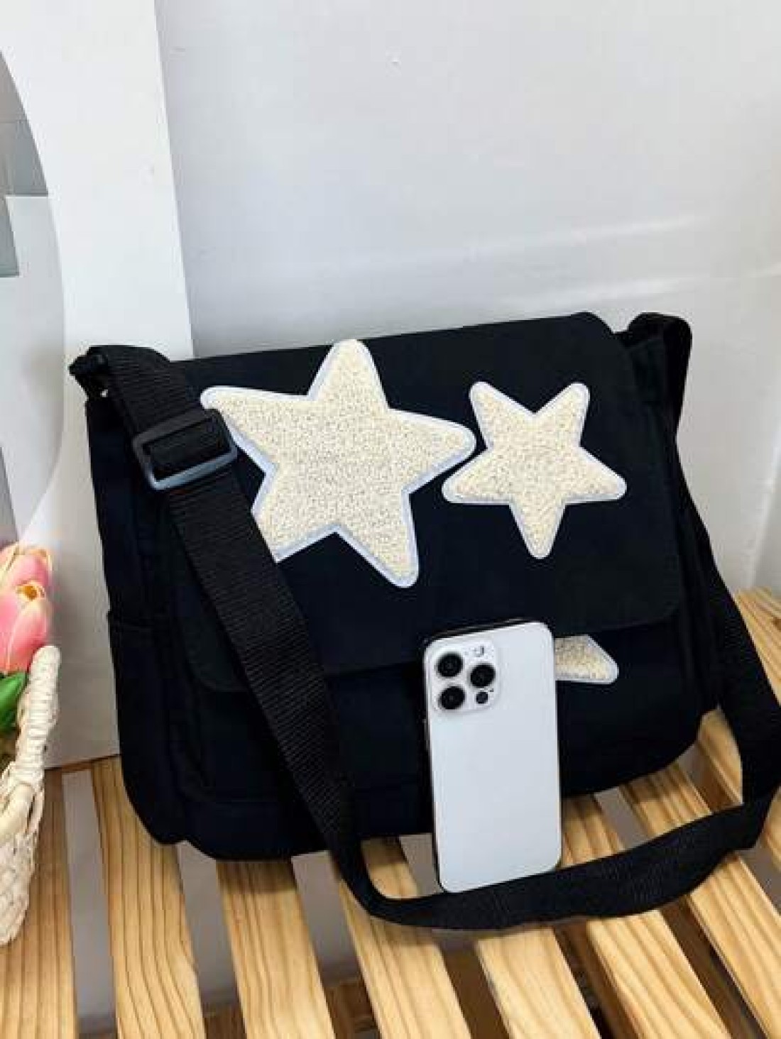 1pc Teenage Girls Star Printed Nylon Crossbody Bag With Flap Cover And Large Capacity Tote Bag