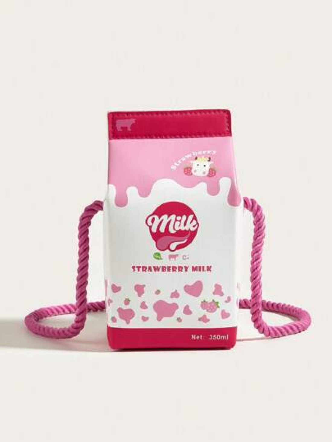 1pc Kids Pink Strawberry Cow Print PU Milk Carton Cute Cartoon 3D Fashion One Shoulder Crossbody Bag Suitable For Daily Use