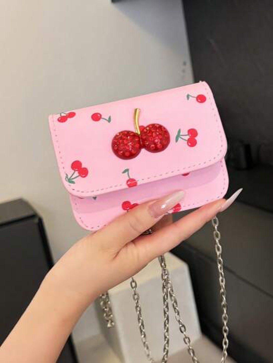 Fresh Cherry Print Mini Small Bag Foreign New Summer Cute Sweet Mini Lipstick Bag Chain Crossbody Headphone Bag Shoulder Bag Korean Fashion Crossbody Bag