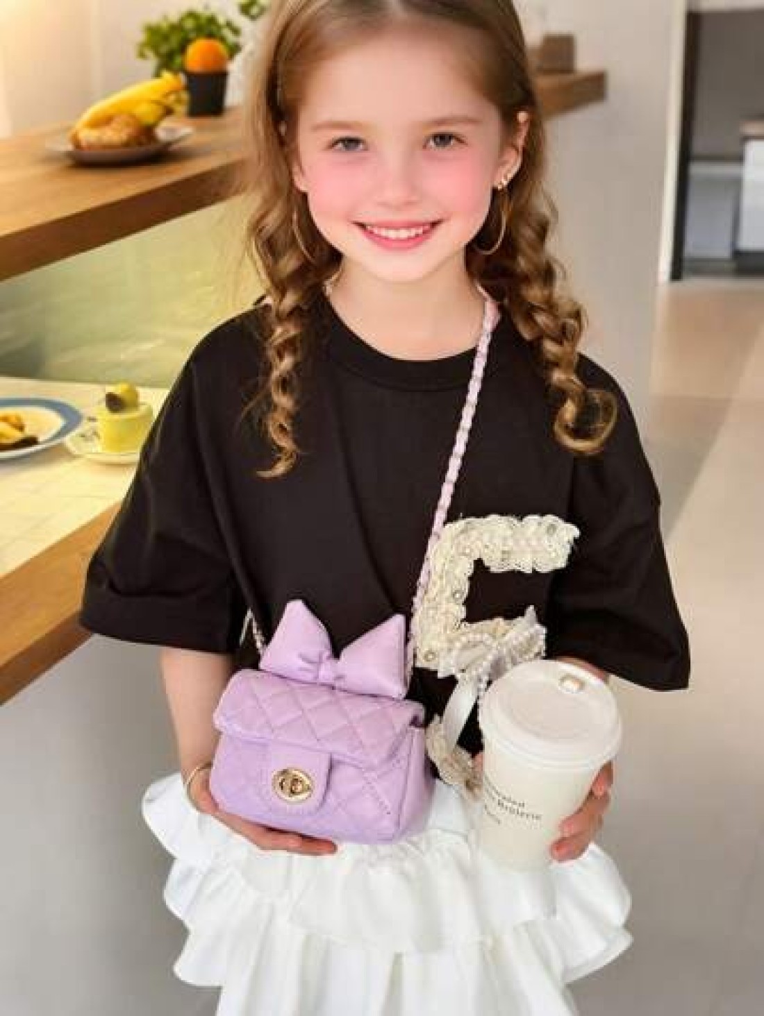 1pc Kids Bow Decor Coin Purse Embroidered Rhombus Mini Bag With Chain Fashionable Girls Crossbody Bag