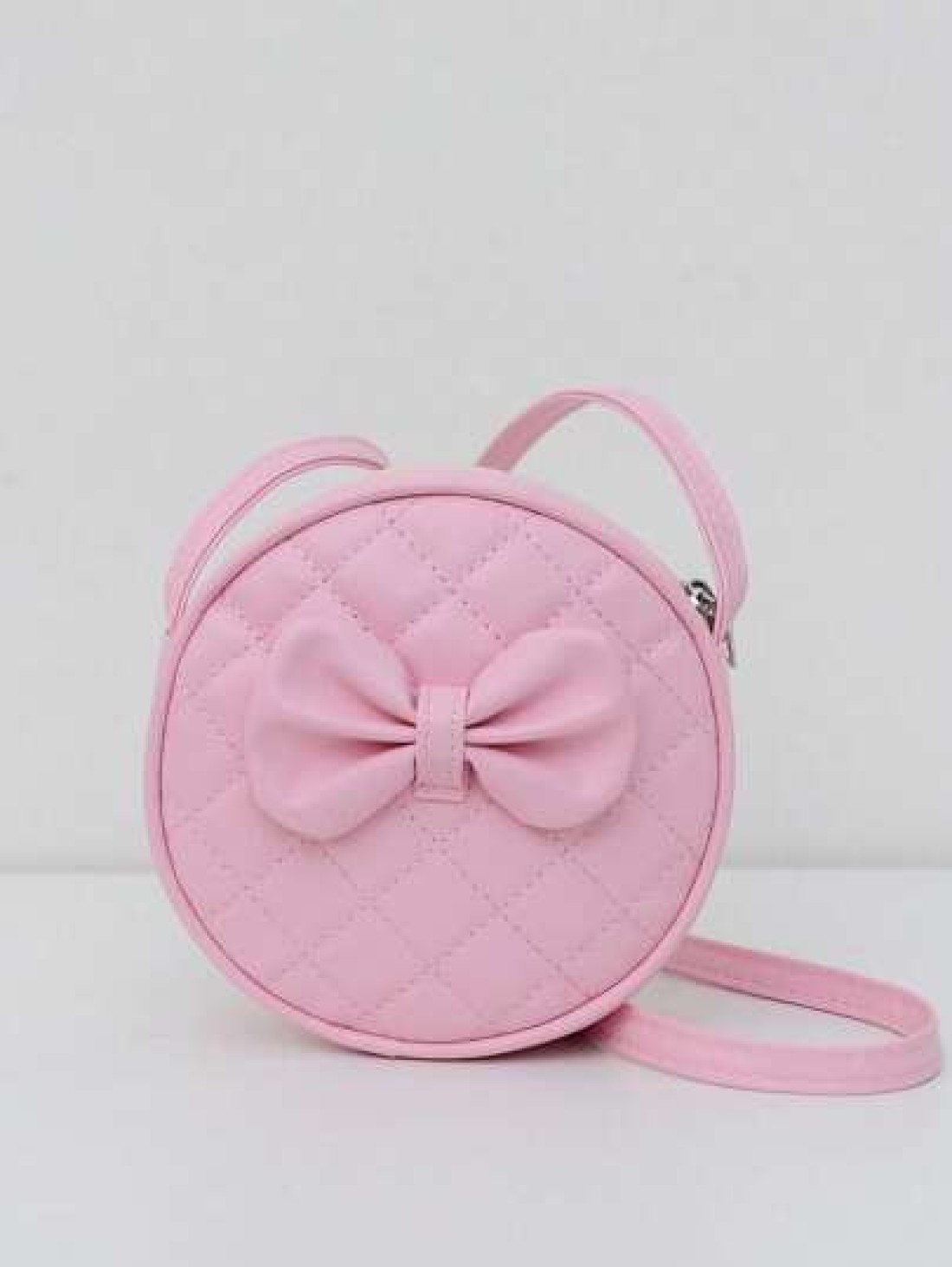 1pc Girl Pink PU Shoulder Bag With Bowknot Decor Fashionable Casual Small Round Crossbody Bag With Zipper Closure Suitable For Daily Use All Season