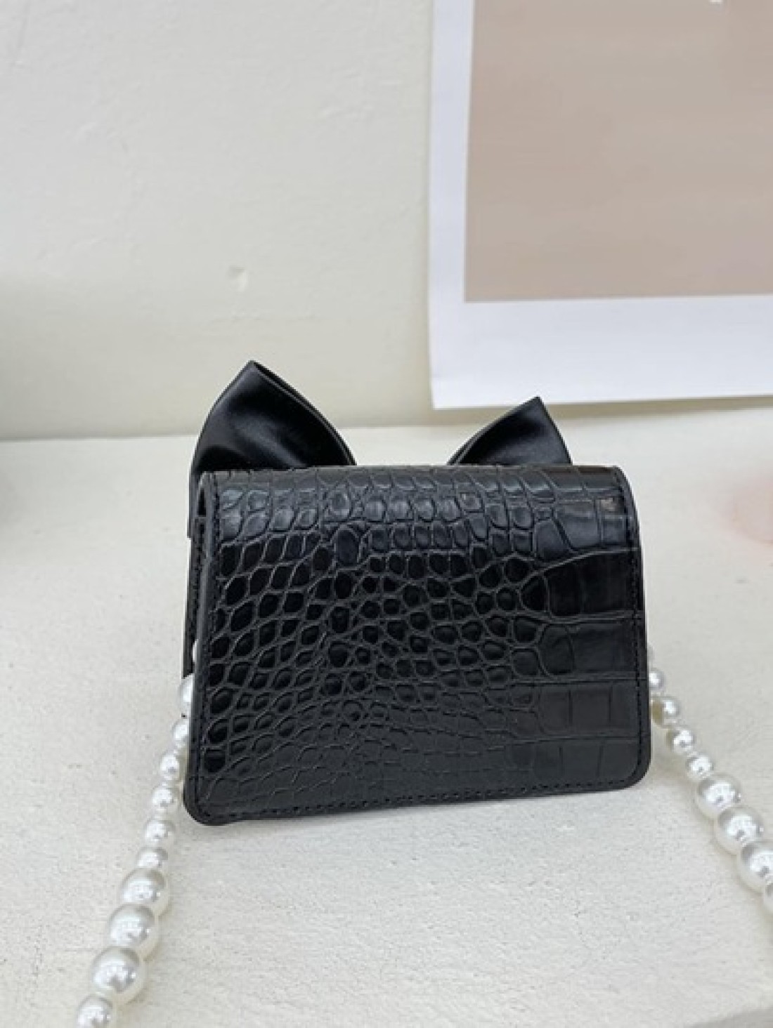 Girls Crocodile Embossed Bow Decor Square Bag
