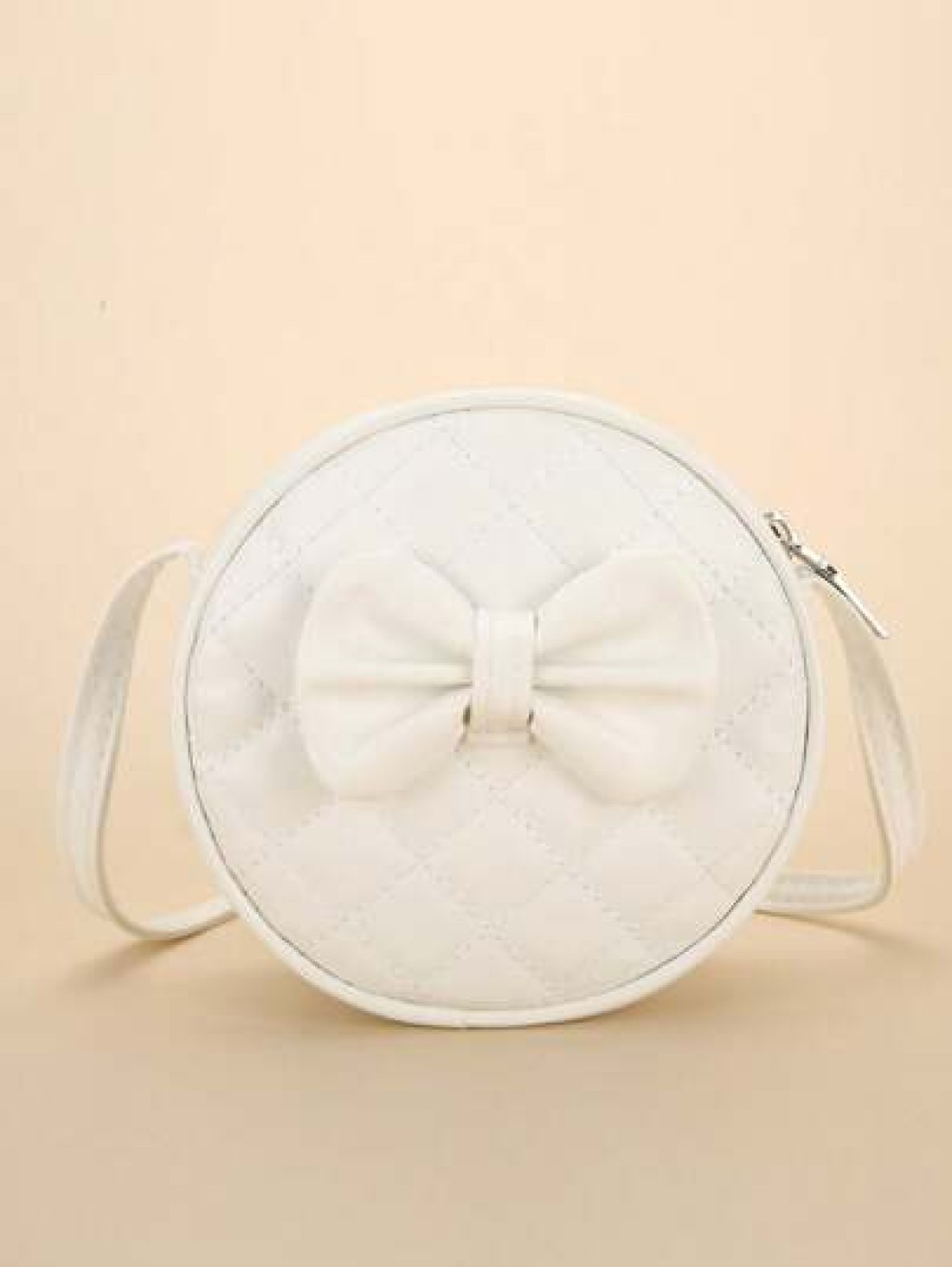 1pc Girl s White PU Shoulder Bag Fashionable Cute Bow Design Small Round Bag With Rhombus Embroidery Fits For Phone And Coins Zippered Closure Suitable For All Seasons