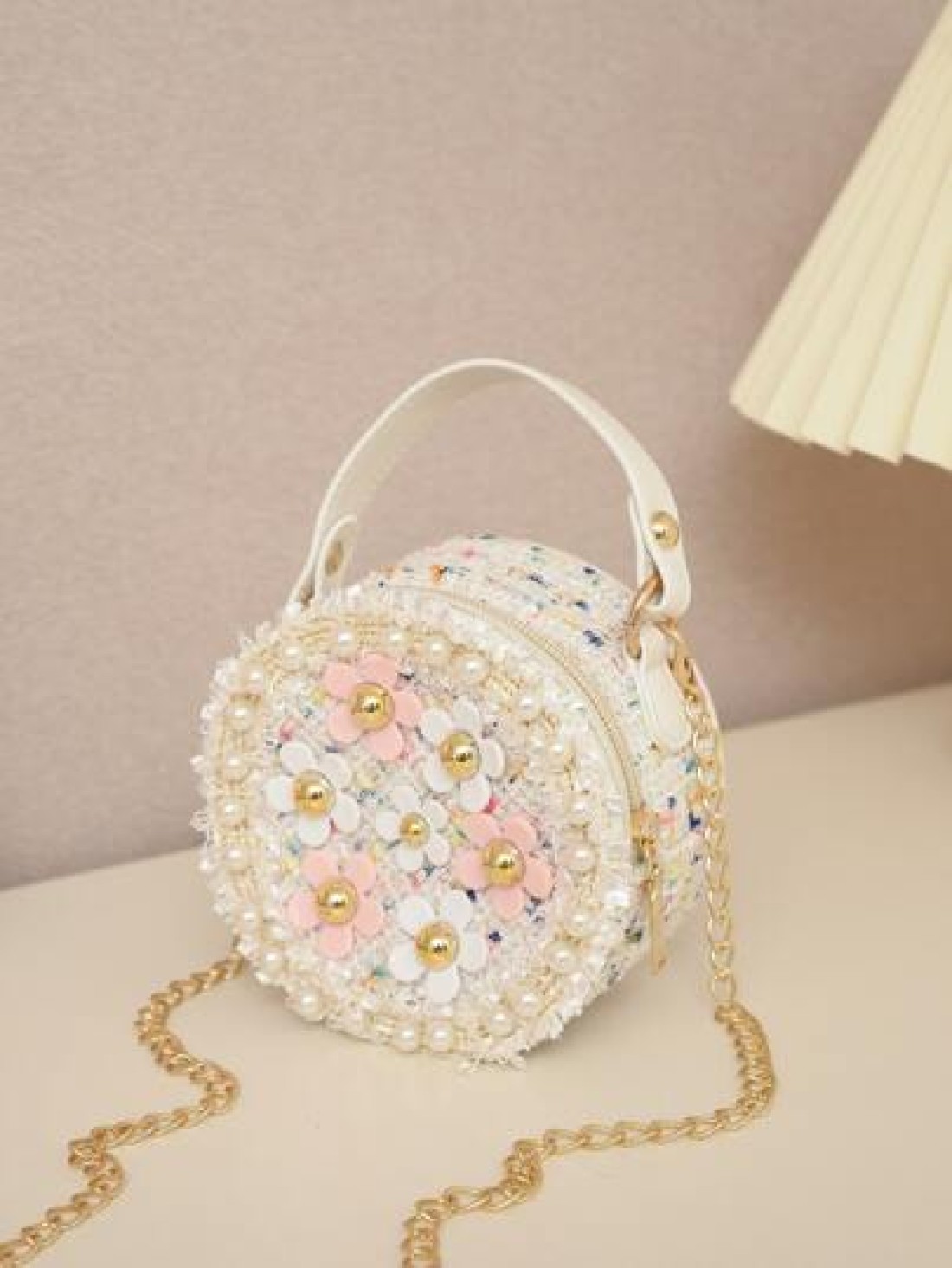 1pc Girls Floral Cute Sling Bag Zipper Closure Small Round Crossbody Bag For Outings