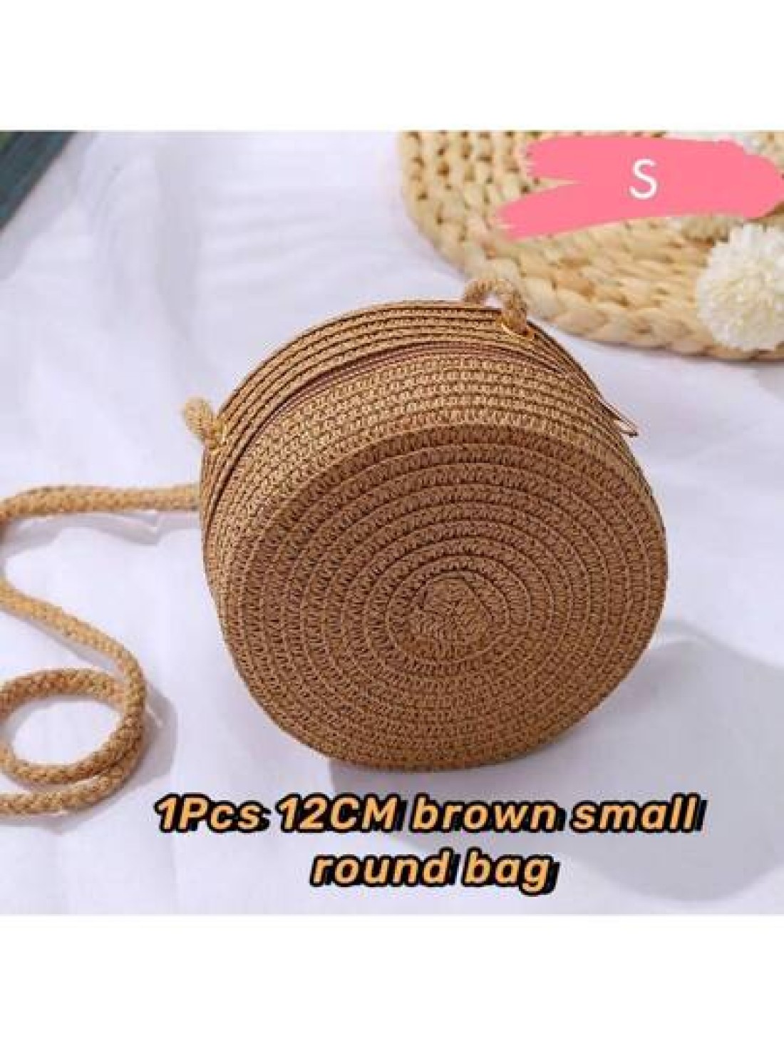 1Pc 12CM Brown Small Round Bag Beach Essentials Summer Essentials Women Bags For Vacation Holiday Wicker Bag Beach Purse Perfect For Summer Vacation Daily Use Travel Must Haves