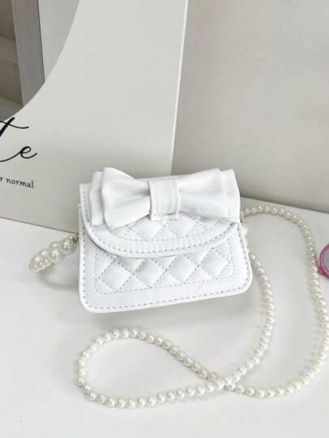 1pc Young Girl Casual Fashion Bowknot Rhombus Embroidery Thread Pearl Chain Crossbody Bag Suitable For Daily Use