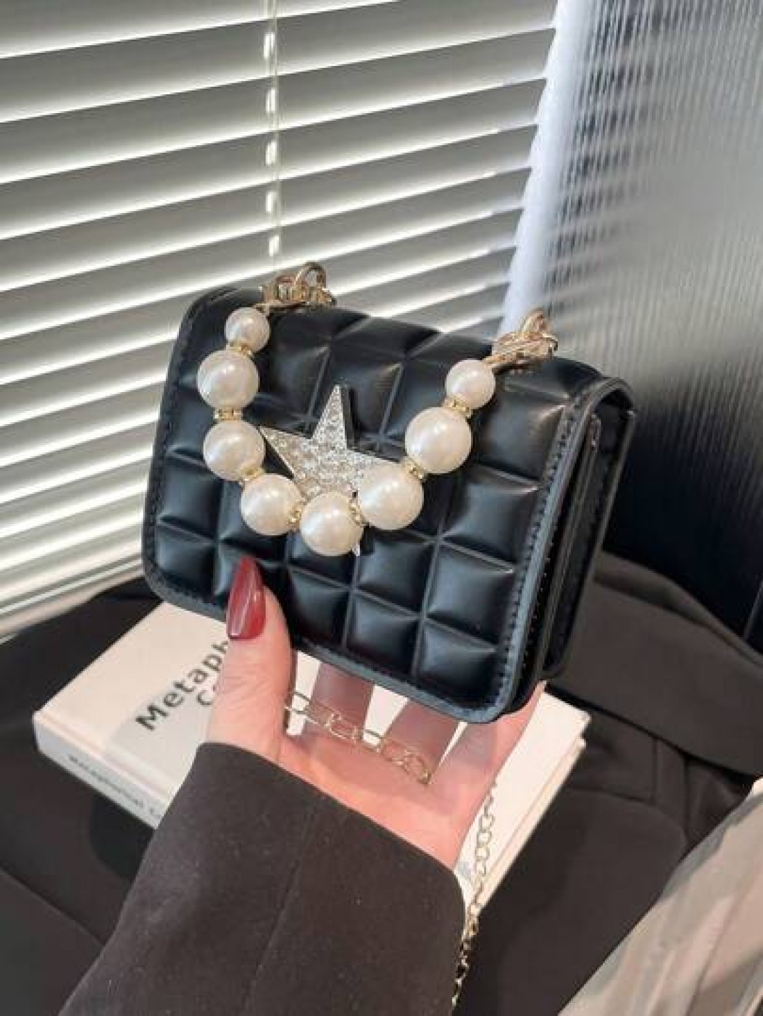 1pc Pu Fashion Simple Sweet Diamond Lattice Pearl Five Pointed Star Hand Held Evening Party Square Bag Niche Design Chain Shoulder Strap Comfortable And Versatile One Shoulder Crossbody Smooth And Not