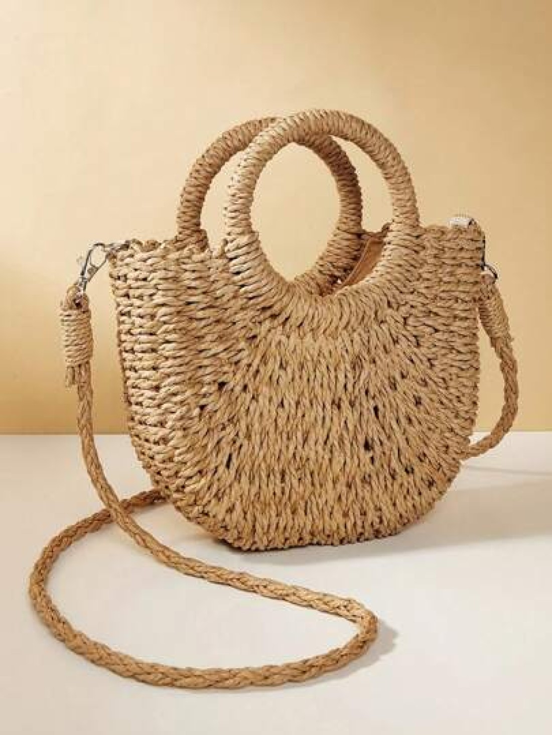 1pc Straw Bag With Faux Flower Half Moon Shaped Women Handbag Woven Crossbody Small Bag Beach Bag