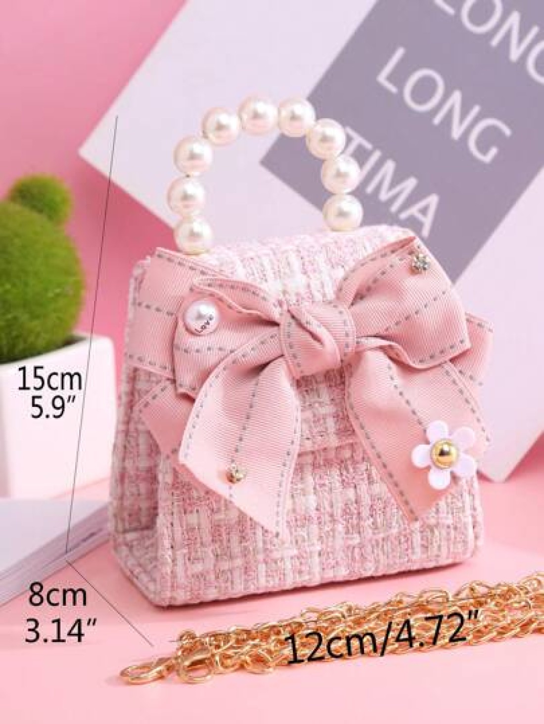 1pc Girls Cute Oversized Fabric Bow Letter Pearl Rhinestone Decor PU Flap Closure Metal Chain Casual Shoulder Bag Suitable For Holiday Daily Use