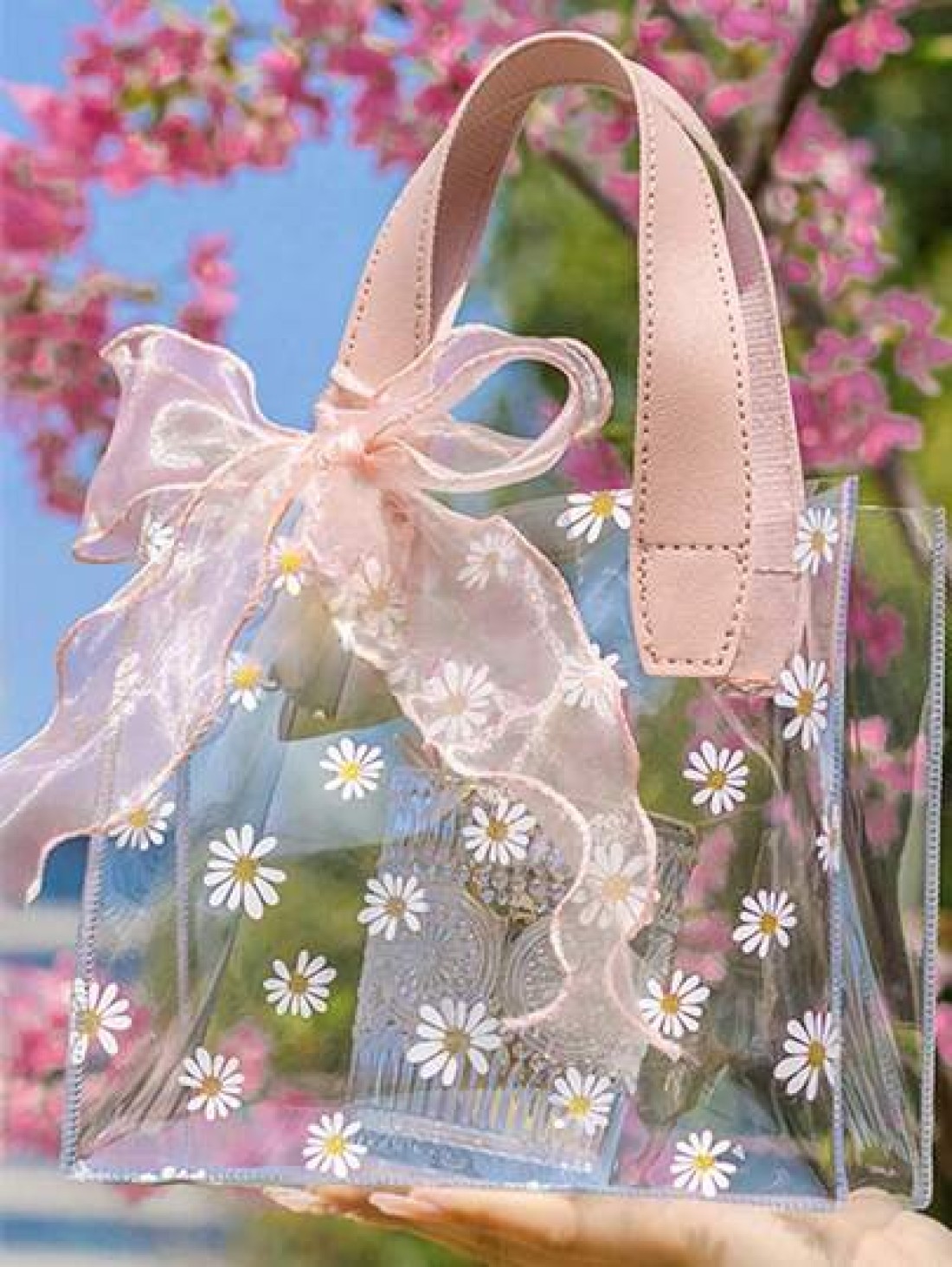 1pc Summer Daisy PVC Transparent Tote Bag Fresh Flower Printed Jelly Bag With Delicate Bowknot Gift Bag