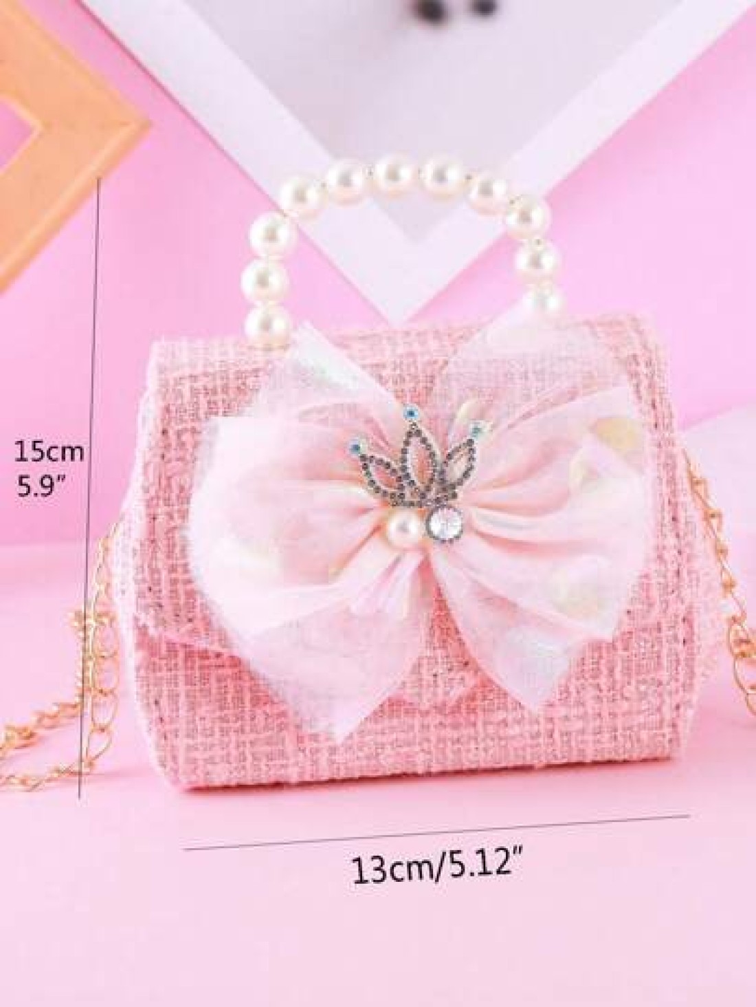 1pc Girls Cute Bow Crystal Crown Decor Chain Shoulder Crossbody Bag PU Material Flap Closure Casual Fashion Pearl Handbag Princess Bag Suitable For Festivals Daily Use