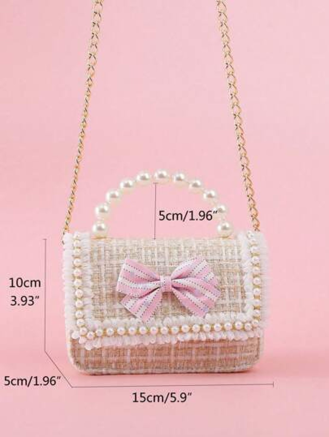 1pc Mini Girls Bowknot Pearl Lace PU Metallic Chain Flap Cover Cute Handbag Shoulder Bag Children Snack Bag For Casual Outings And Holidays