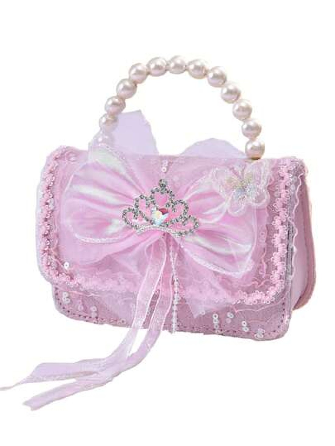1pc Kids Bow Knot Crown Decor Handbag Pearl Accent Tassel Pouch For School Work Travel