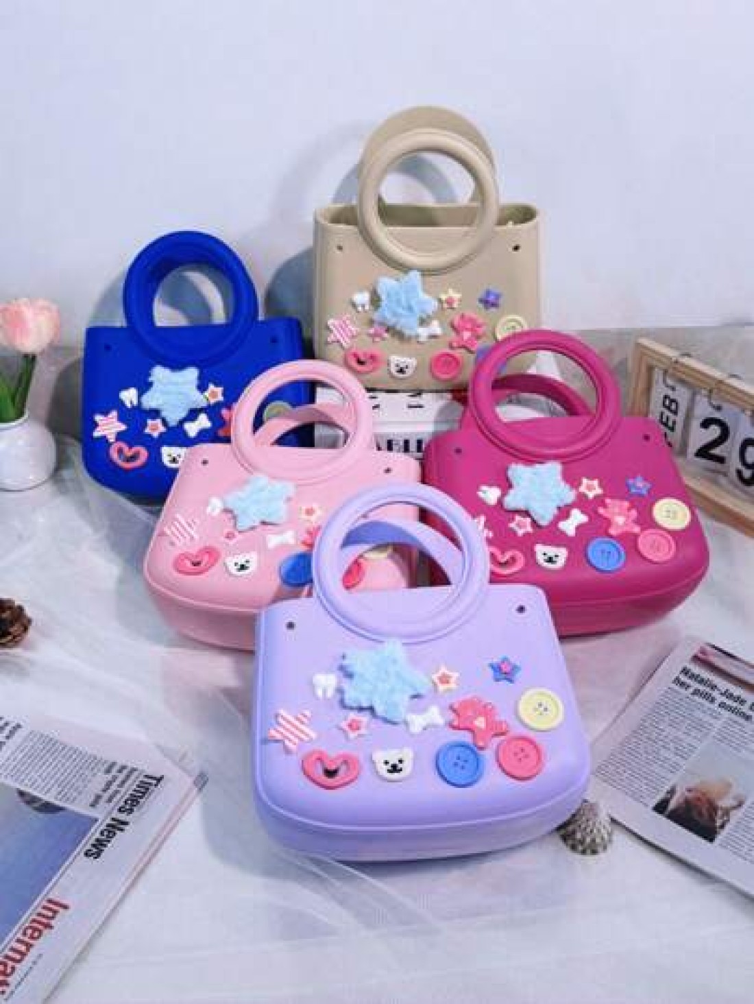 1pc EVA Solid Color Waterproof DIY Tote Bag Beach Basket Fashionable Hollow Out Travel Handbag