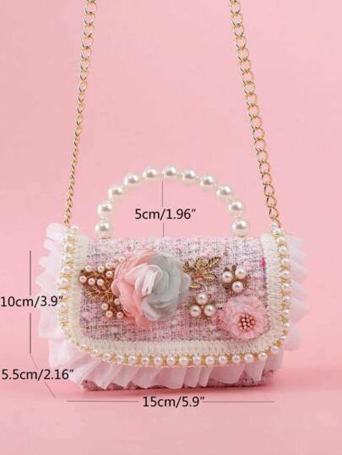 1pc Girls Ruffle Flower Leaf Metal Decor Pearl Sticker PU Wool Felt Multi Function Chain Closure Casual Beaded Handbag Children Princess One Shoulder Crossbody Bag Suitable For Holidays And Daily Use