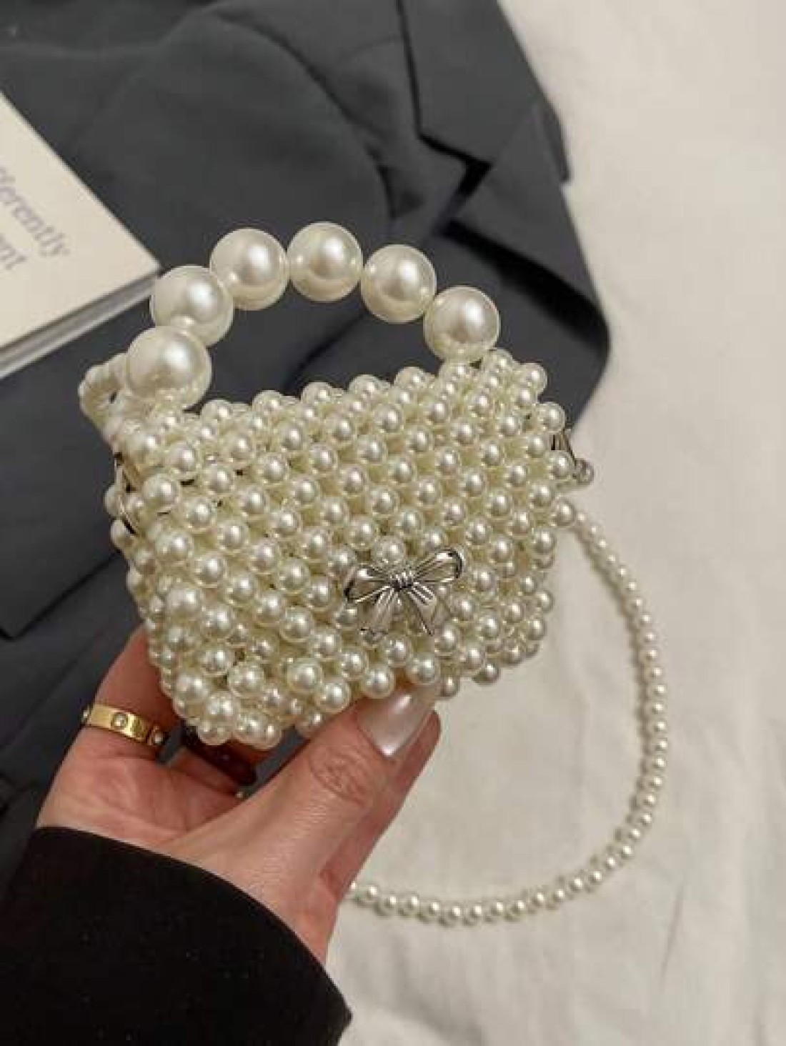 Versatile Mini Retro Girl Crochet Faux Pearl Beaded Bag