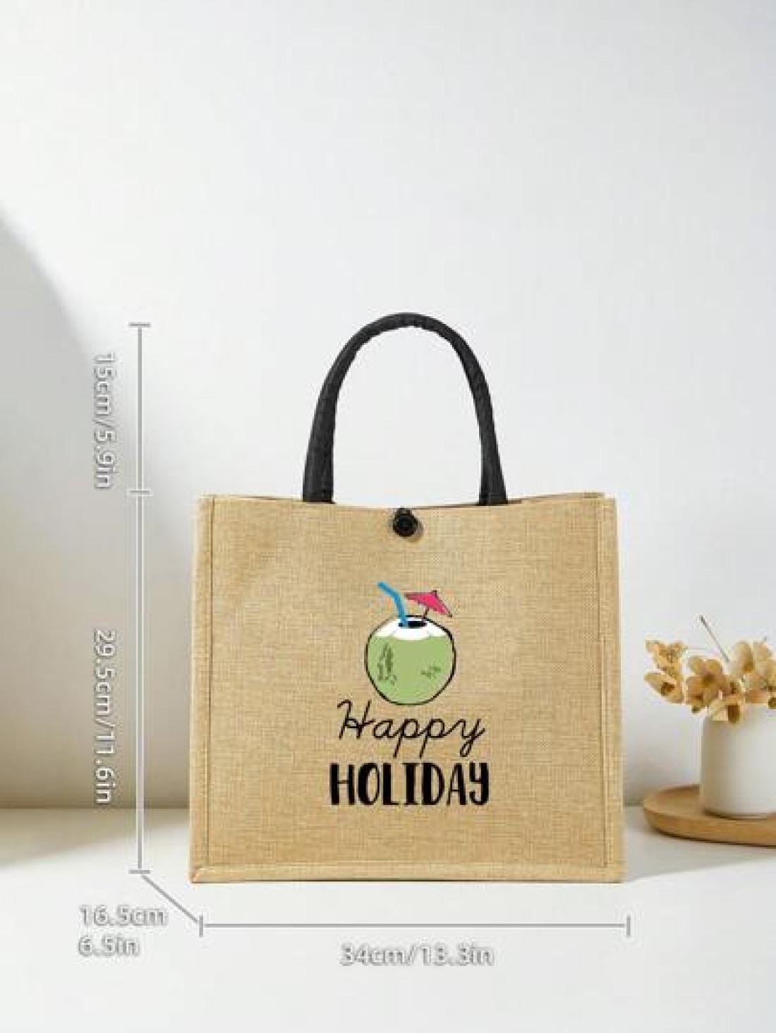 1 Pc Simple Linen Summer Element Print Tote Bag For Big Children Large Capacity Travel Bag Square Bag Gift Bag Shopping Bag Portable Button Closure Handbag For Daily Class And Back To School Shopping