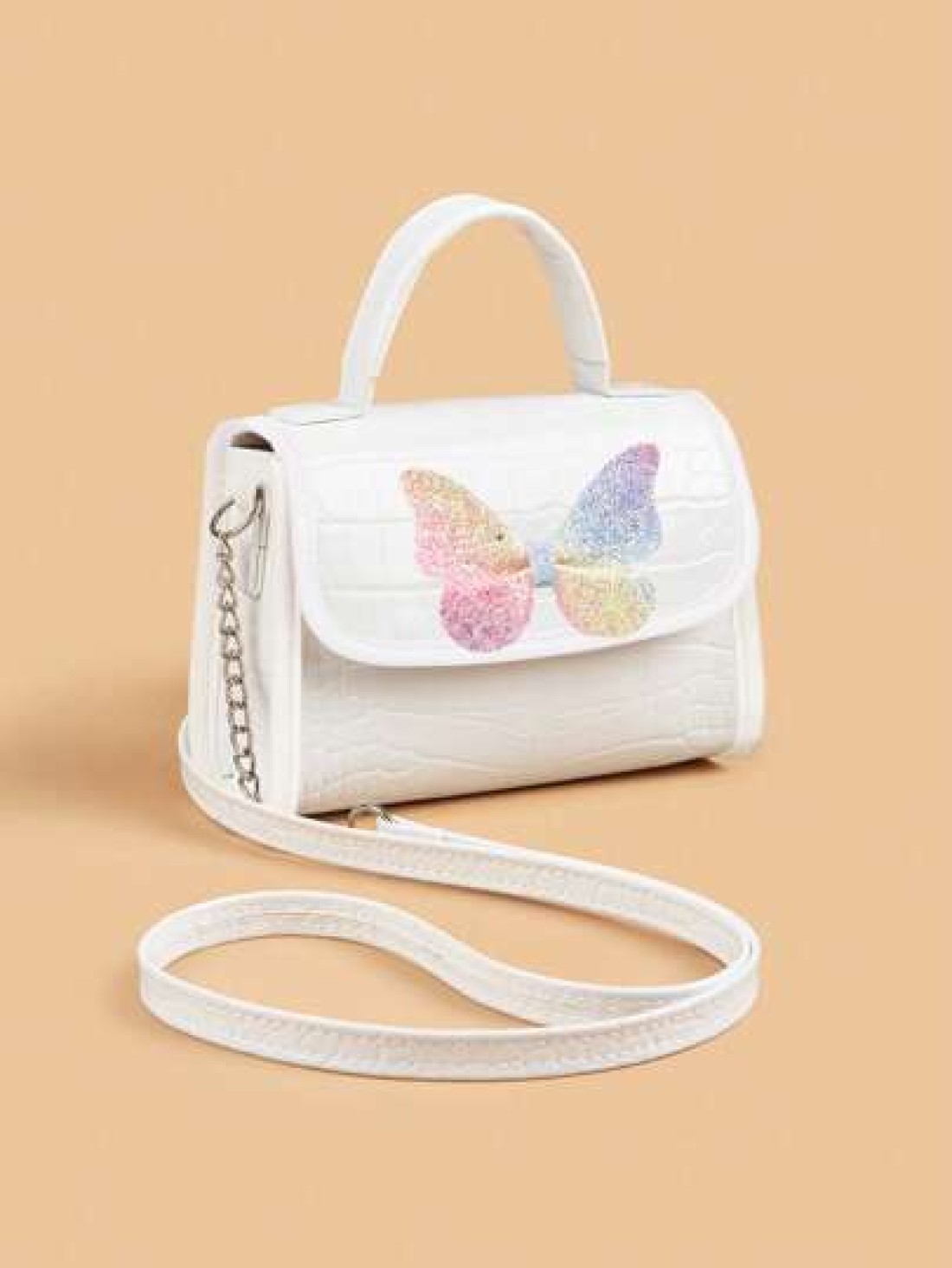 1pc Girls Cute Sparkle Butterfly Crocodile Pattern PU Chain Shoulder Bag Suitable For All Seasons Daily Use