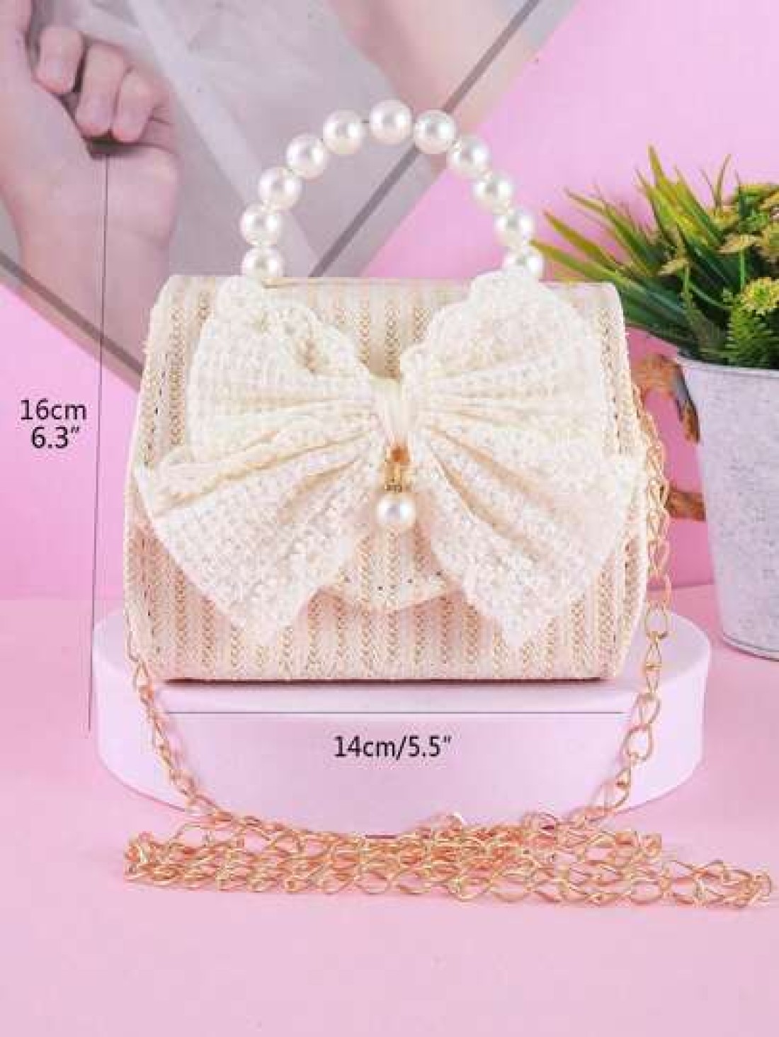 1pc Girls Pearl Decorated Bow Accent Straw PU Material Flap Closure Fashionable Pearl Handle Crossbody Bag Princess Handbag Accessory Suitable For Summer Everyday And Festive Use