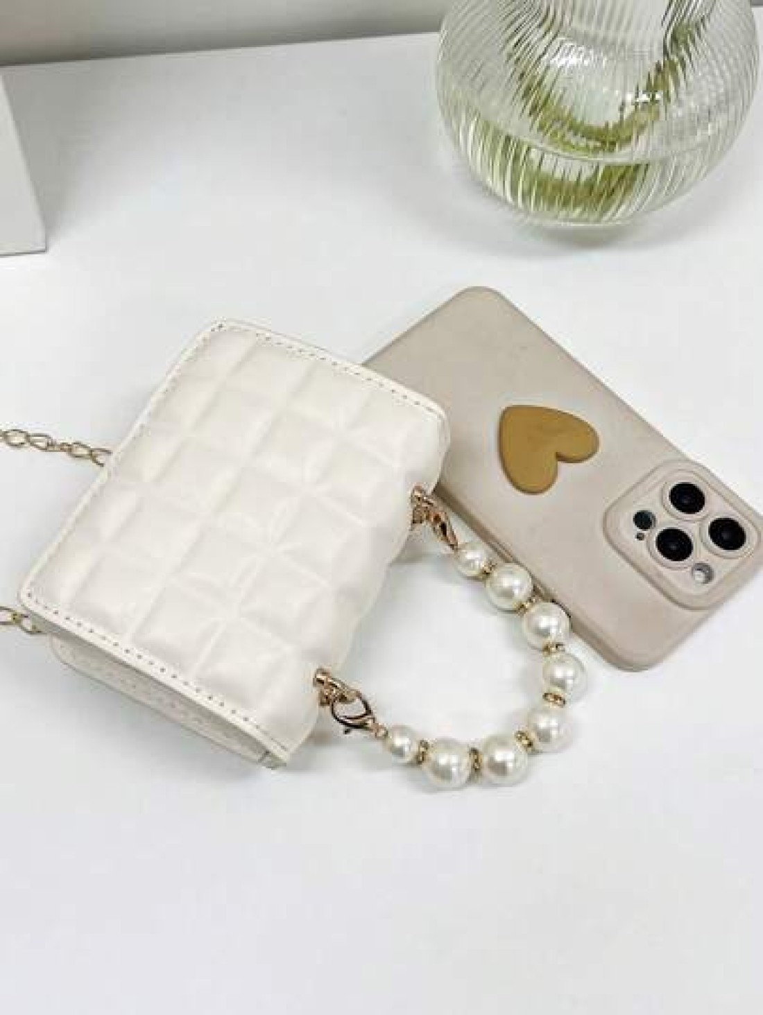 1pc Mini Girl s Gingham PU Flap Bag Versatile Pearl Handbag For Daily Use