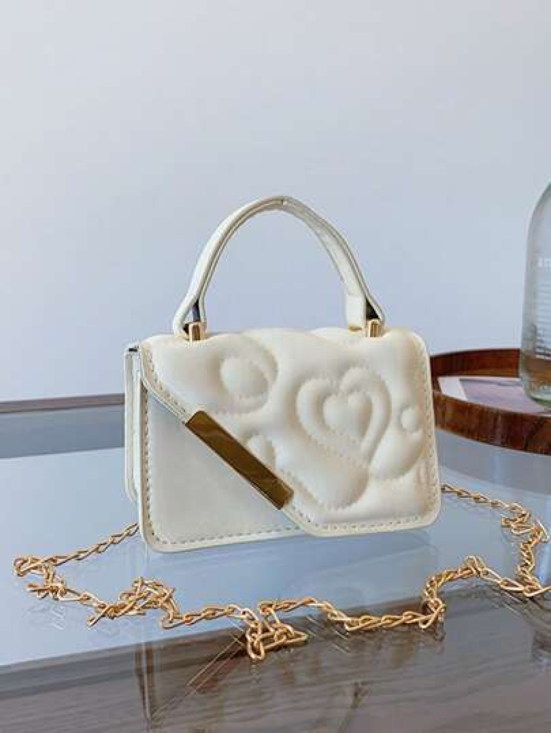 1pc Niche Bag Mini Leather Bag Small Square Bag Love Flower Print Multifunctional Metal Chain Casual Fashion Handbag Suitable For Teenagers To Travel Daily Matching Suitable For Shopping And Daily Use