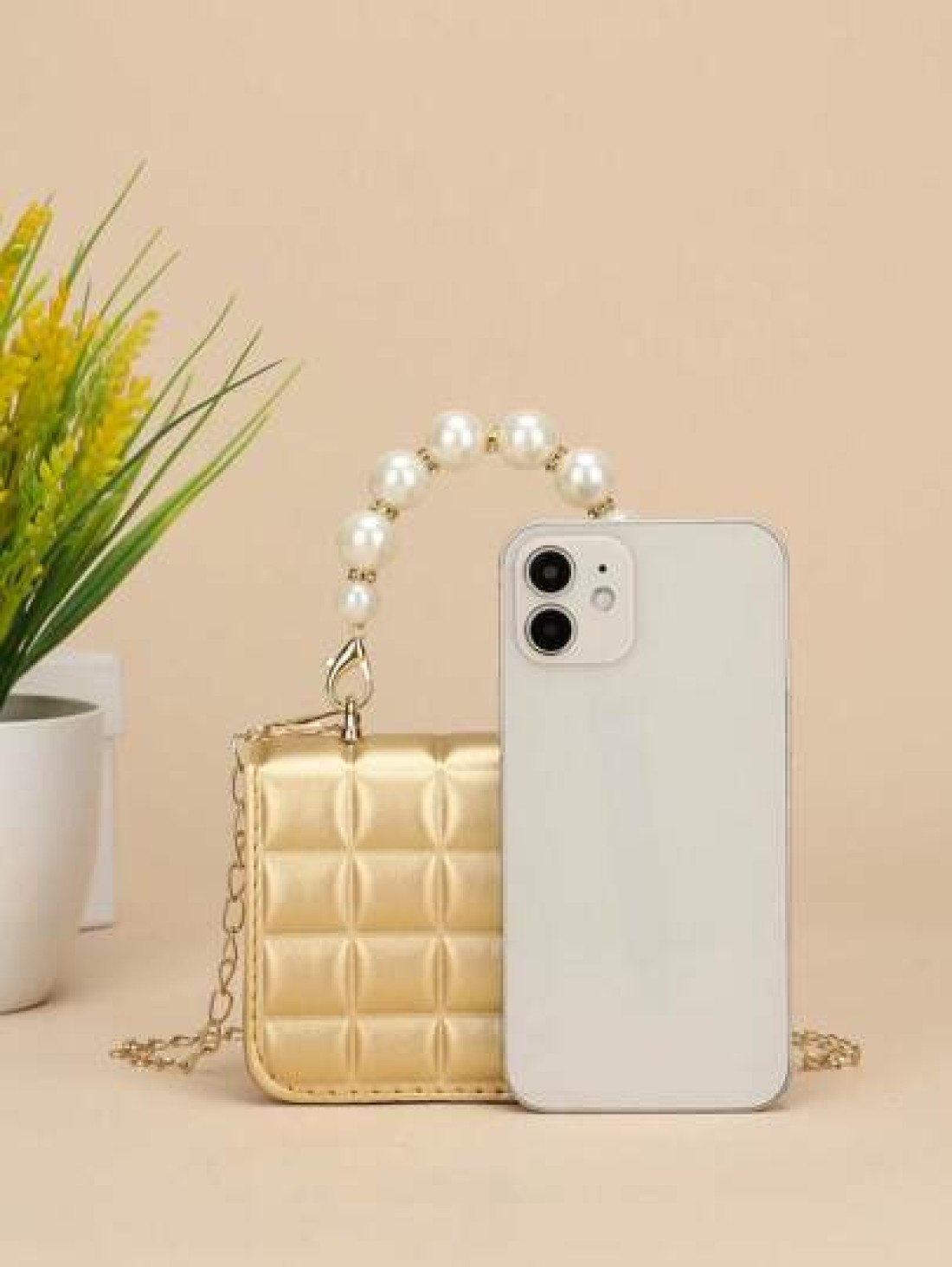 1pc Mini Girl s Textured Plaid PU Flap Minimalist Versatile Pearl Handbag Suitable For Daily Use