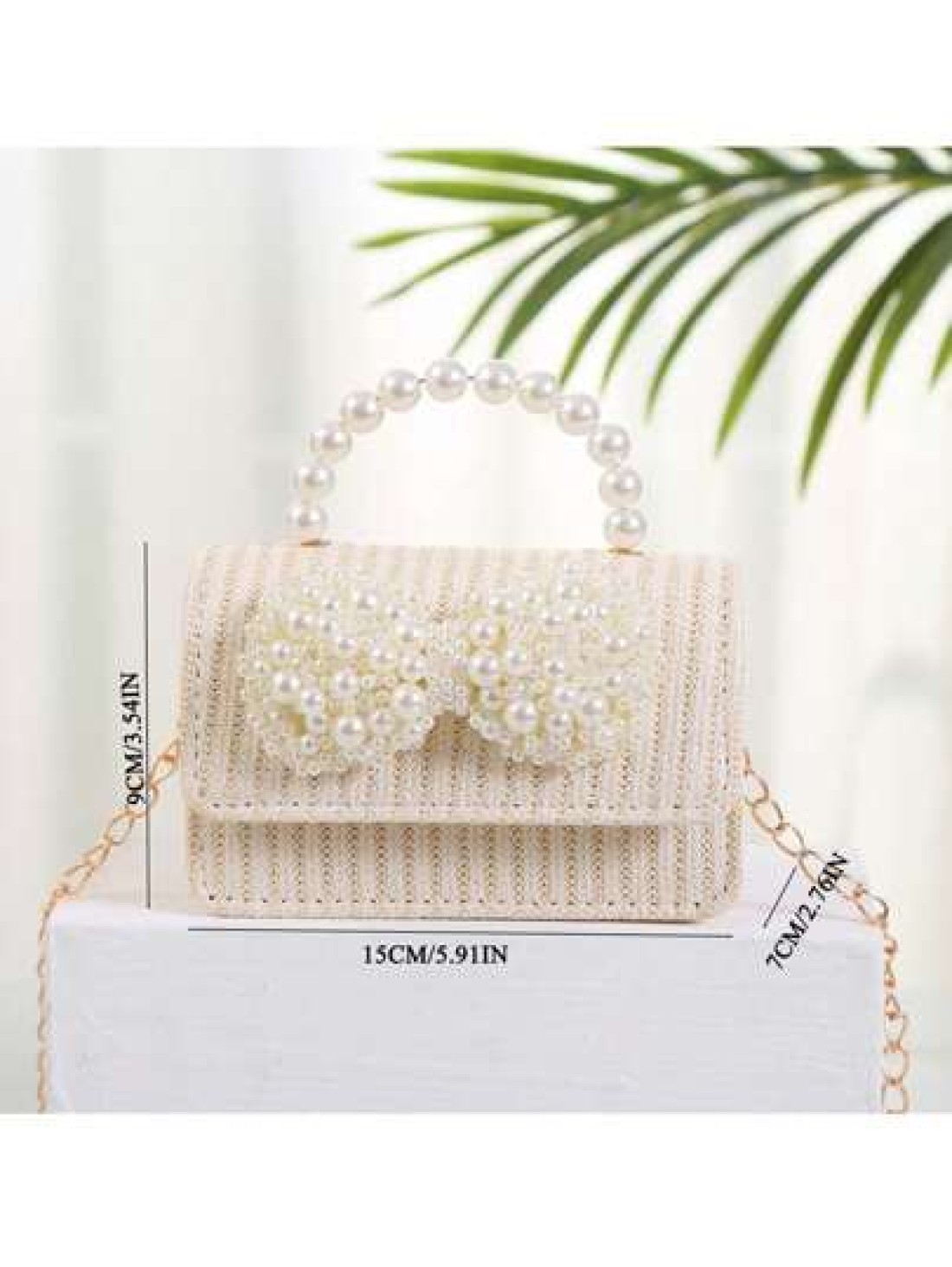 Straw Crossbody Bag Portable Faux Pearl Beaded Lace Bow Decor Handbag Ideal Gift Choice