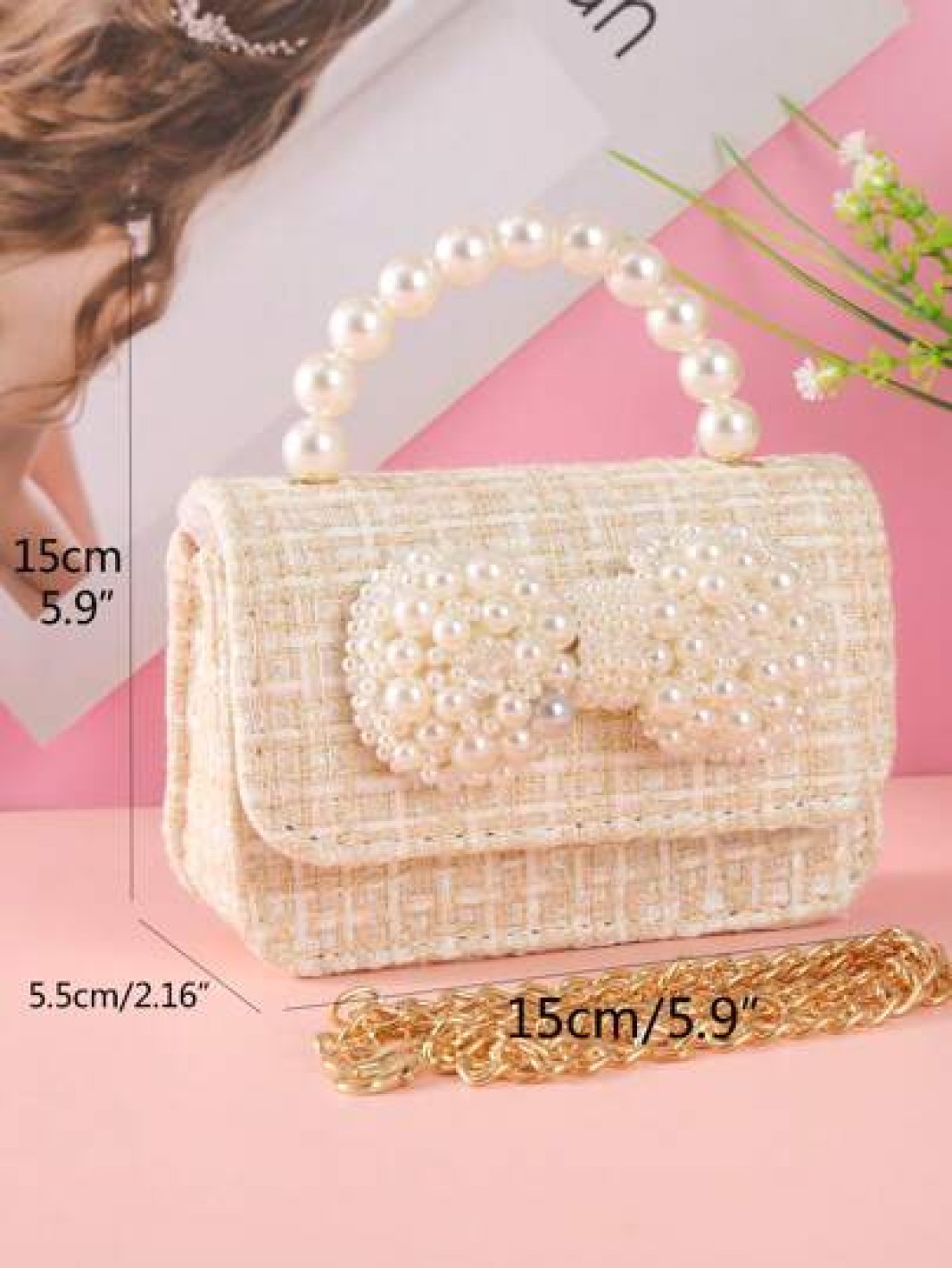 1pc Kids Large Size Pearl Bow Decor PU Solid Striped Pattern Snap Closure Metal Chain Strap Cute Simple Beaded Handbag Crossbody Bag For Girls Fit For Daily And Holiday Use
