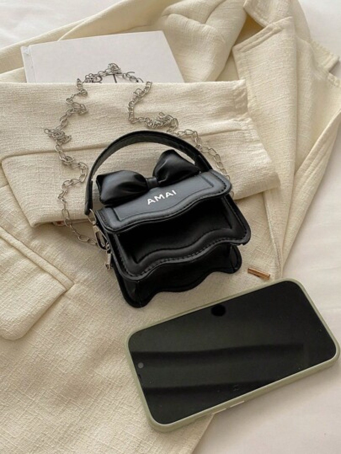 1pc Western Cute Korean Shoulder Bag Bow Chain Messenger Bag Fashionable Small Square Bag With Bow Decoration Fashionable Chain Shoulder Strap Messenger Bag Sweet And Cute Princess Style Handbag Suita